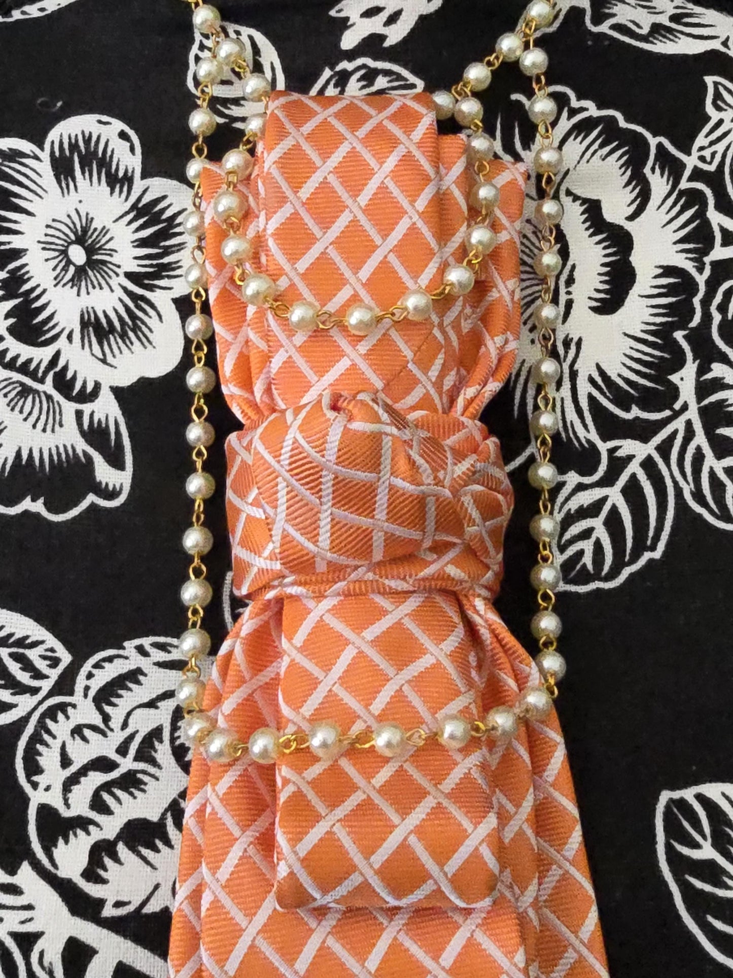 Women's Orange and White Necktie Necklace - Brooch Necktie For Women