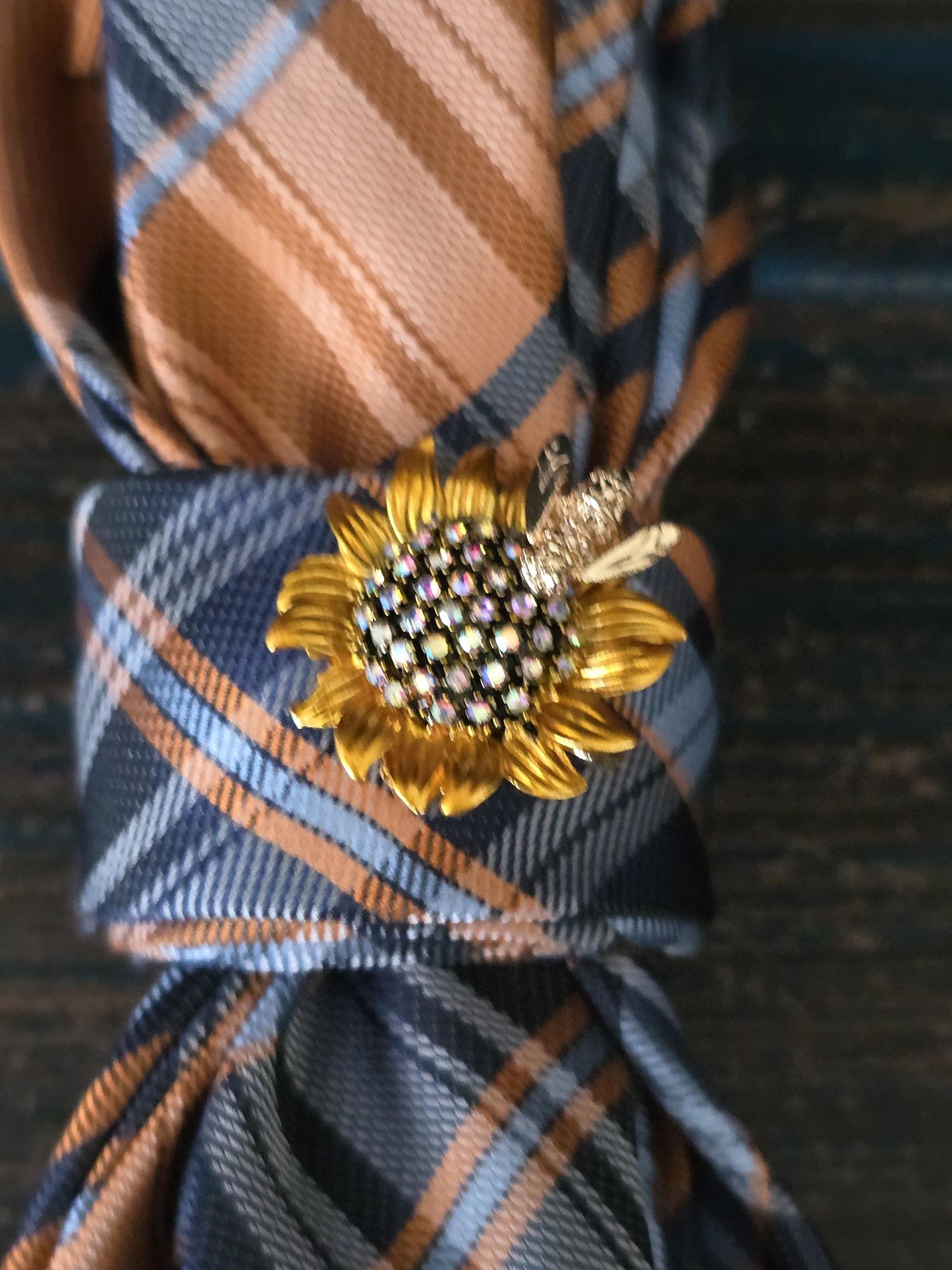 Sunflower Brooch- Blue Plaid Women's Necktie Necklace - Handcrafted Jewelry - Brooch Necktie - Stylish Neckwear For Women