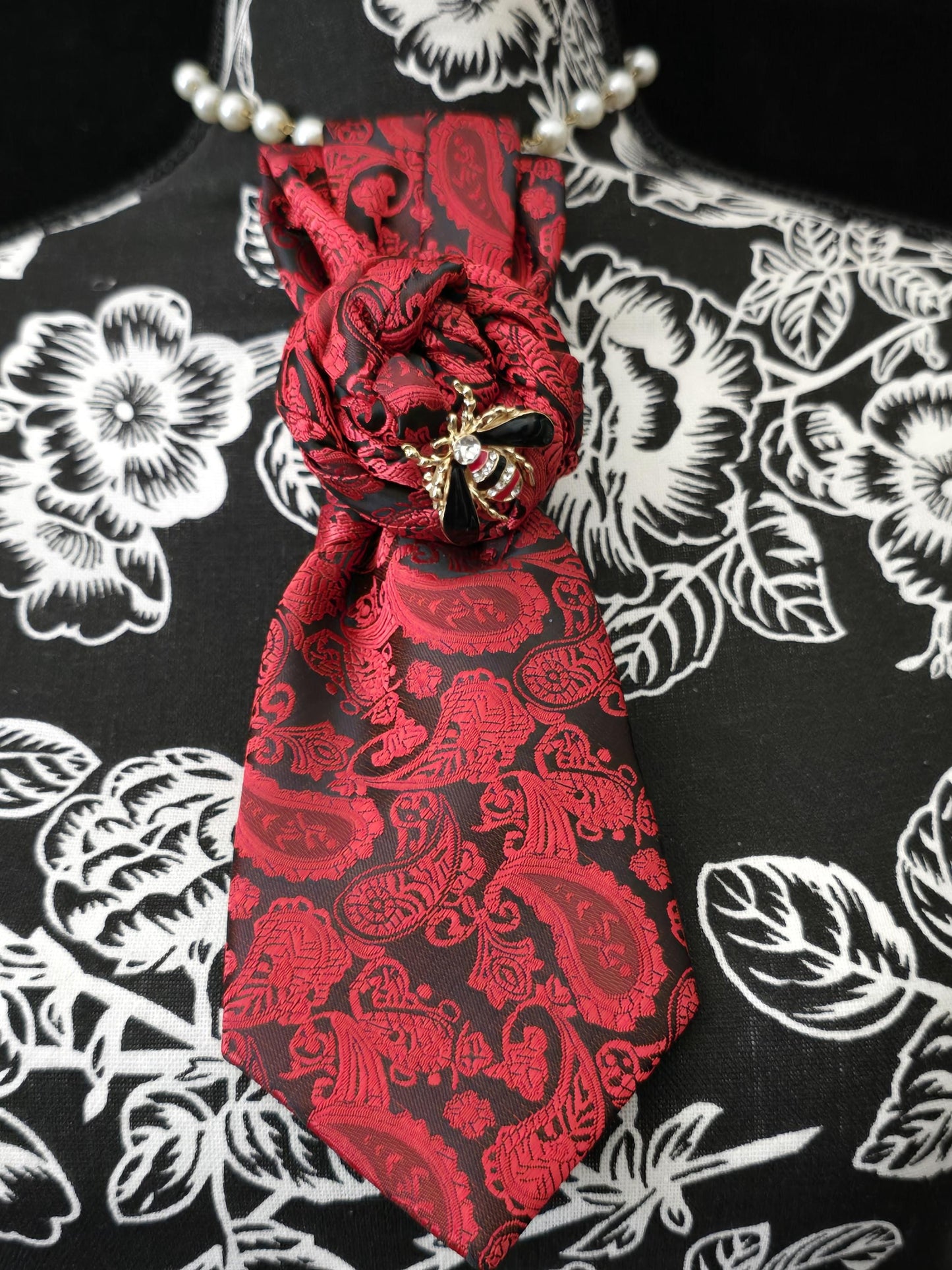 Simply Elegant Red Paisley Women's Necktie Necklace - Handcrafted Statement Jewelry - Brooch Necktie - Stylish Neckwear For Women