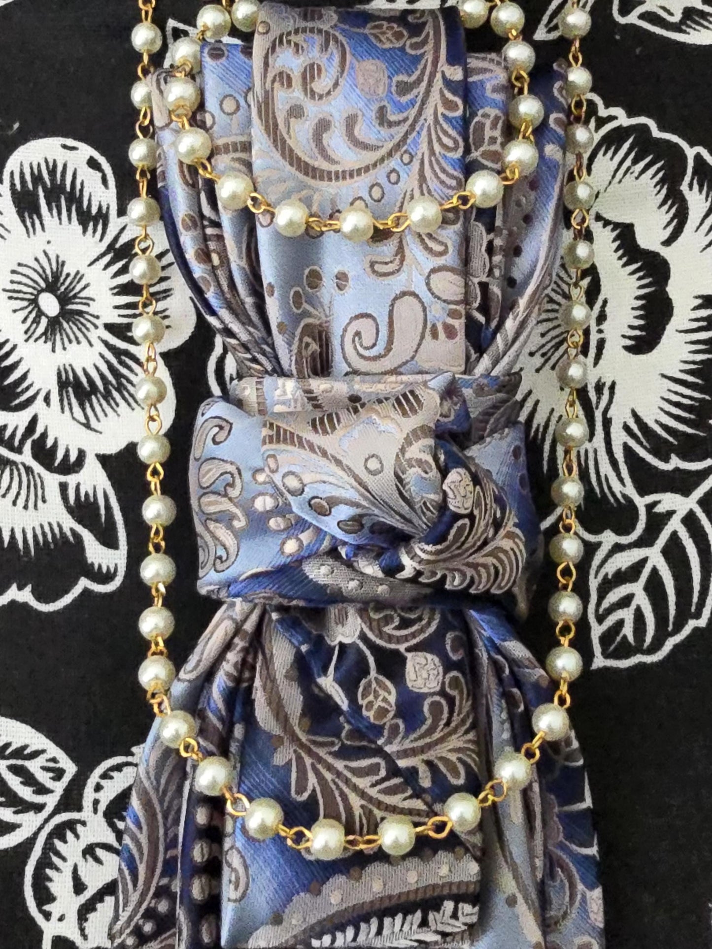 Women's Blue and Gray Paisley Necktie Necklace - Brooch Necktie For Women