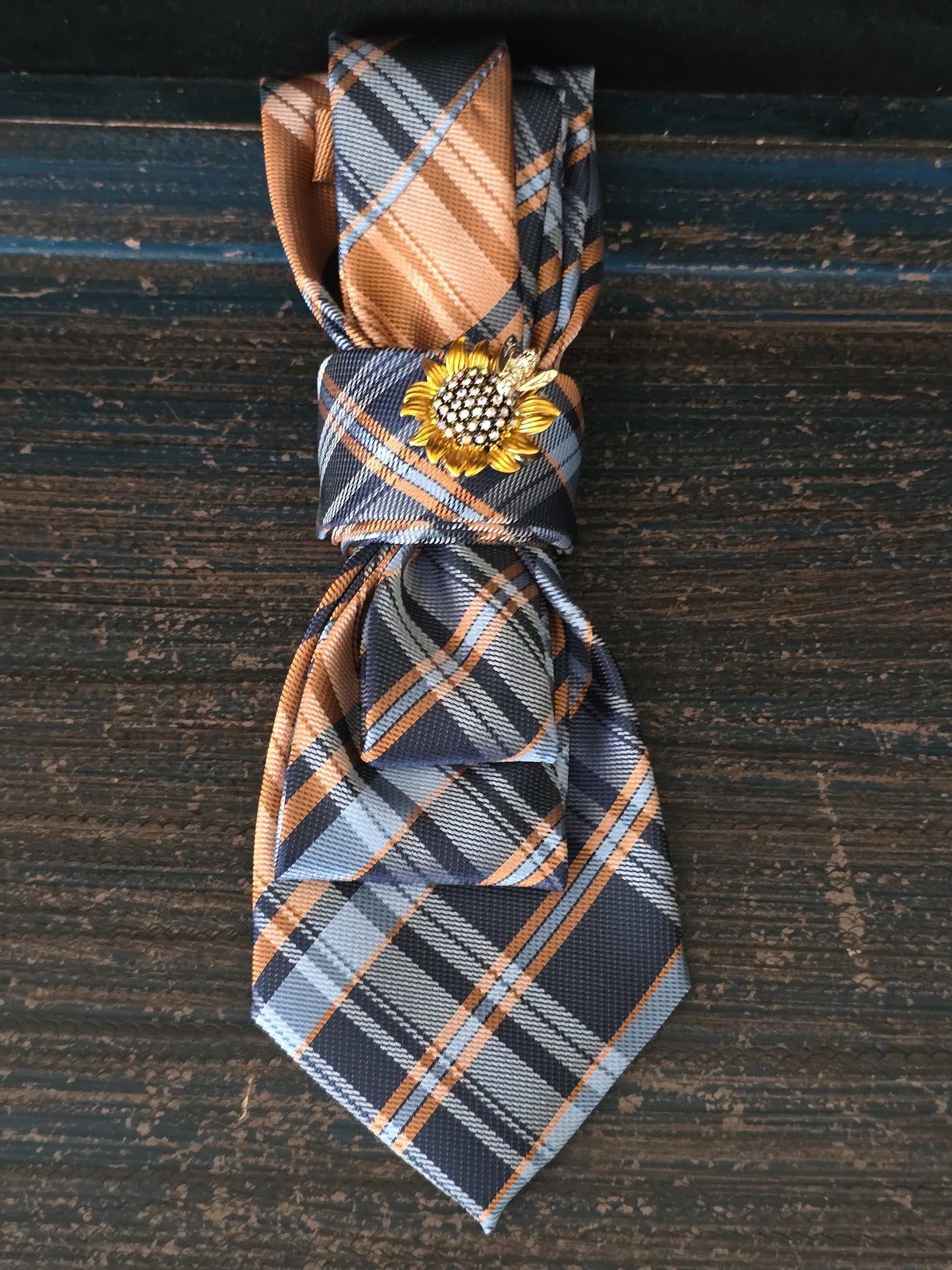 Sunflower Brooch- Blue Plaid Women's Necktie Necklace - Handcrafted Jewelry - Brooch Necktie - Stylish Neckwear For Women
