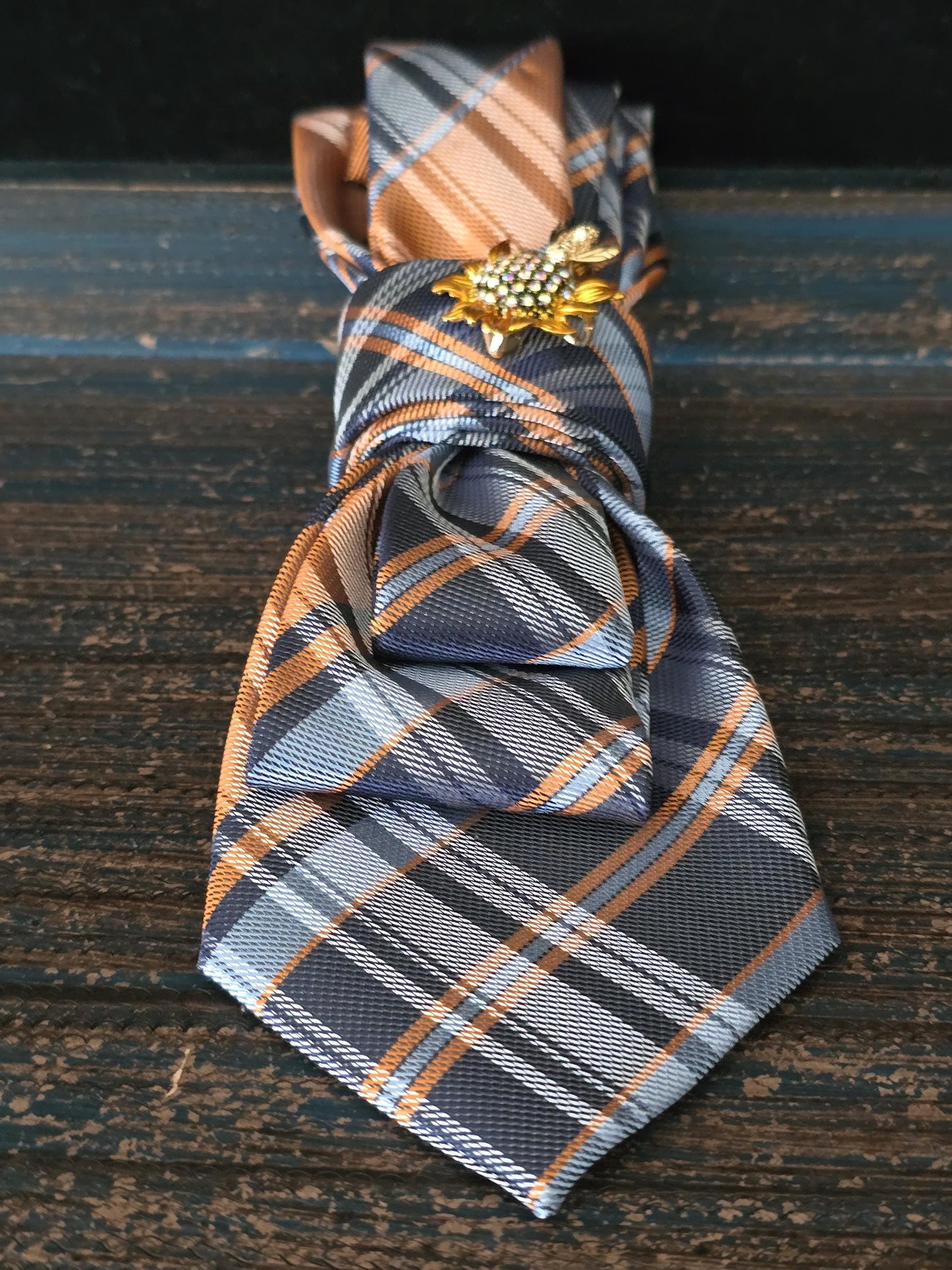 Sunflower Brooch- Blue Plaid Women's Necktie Necklace - Handcrafted Jewelry - Brooch Necktie - Stylish Neckwear For Women