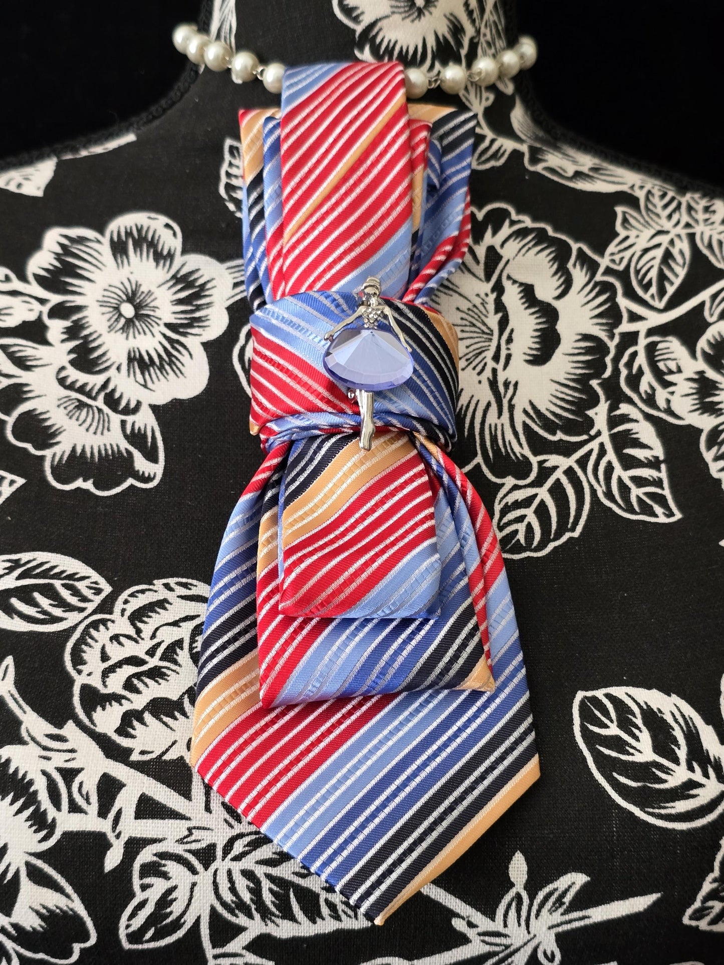 Simple Multi-Color Stripe Women's Tie- Ballerina Brooch Necklace - Brooch Necktie - Stylish Neckwear For Women