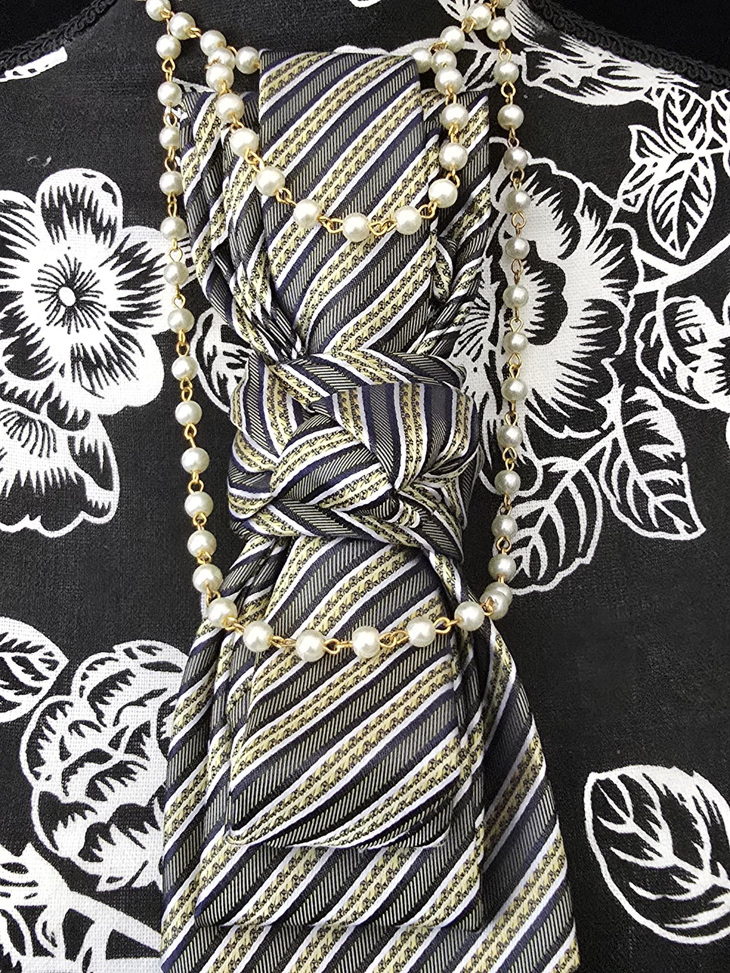 Women's Black and Gray Striped Necktie Necklace - Handcrafted Statement Jewelry - Brooch Necktie For Women
