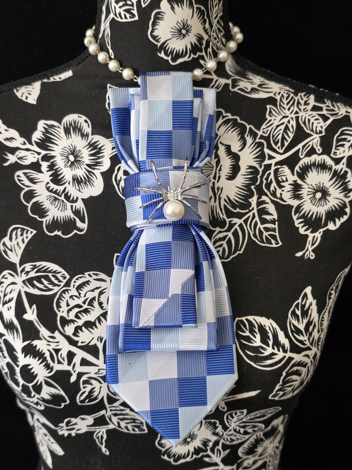 Simply Elegant Blue/White Plaid Women’s Necktie Necklace - Fashion Ties For Women - Stylish Neckwear For Women