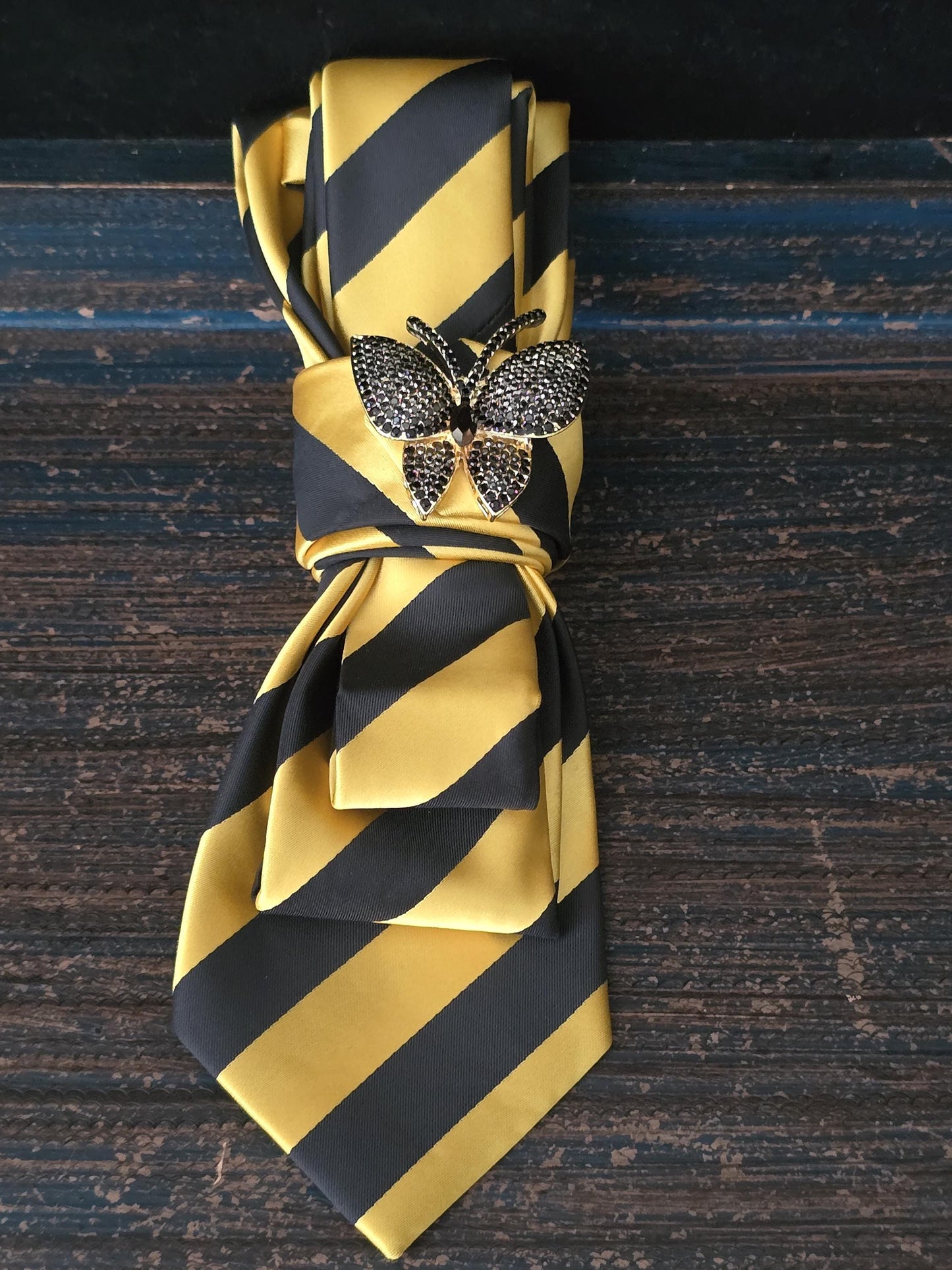 Butterfly Brooch Necklace - Black and Gold Stripe Women's Tie-Handcrafted Statement Jewelry - Brooch Necktie - Stylish Neckwear For Women