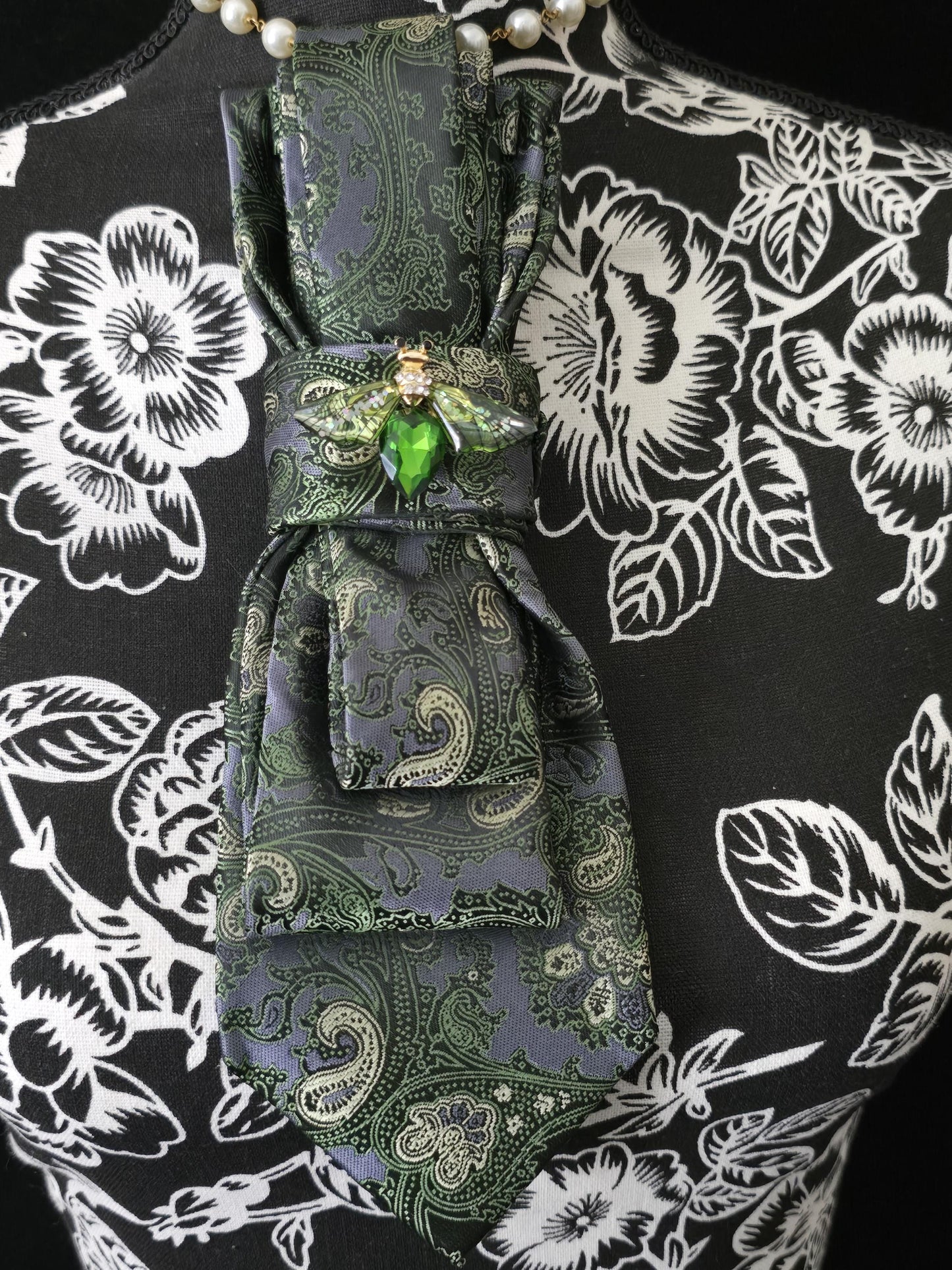 Green and Gray Paisley Women's Tie- Firefly Brooch Necklace - Handcrafted Statement Jewelry - Brooch Necktie -Stylish Neckwear For Women