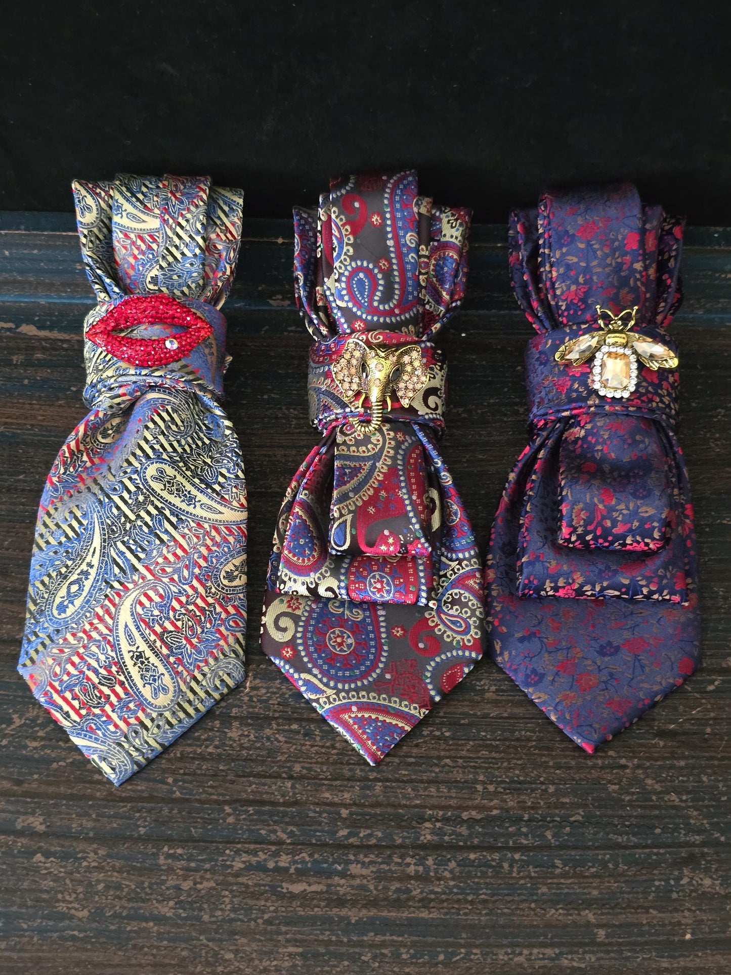 Red, Blue & Black Paisley Women's Necktie Necklace - Brooch Necktie - Stylish Neckwear For Women