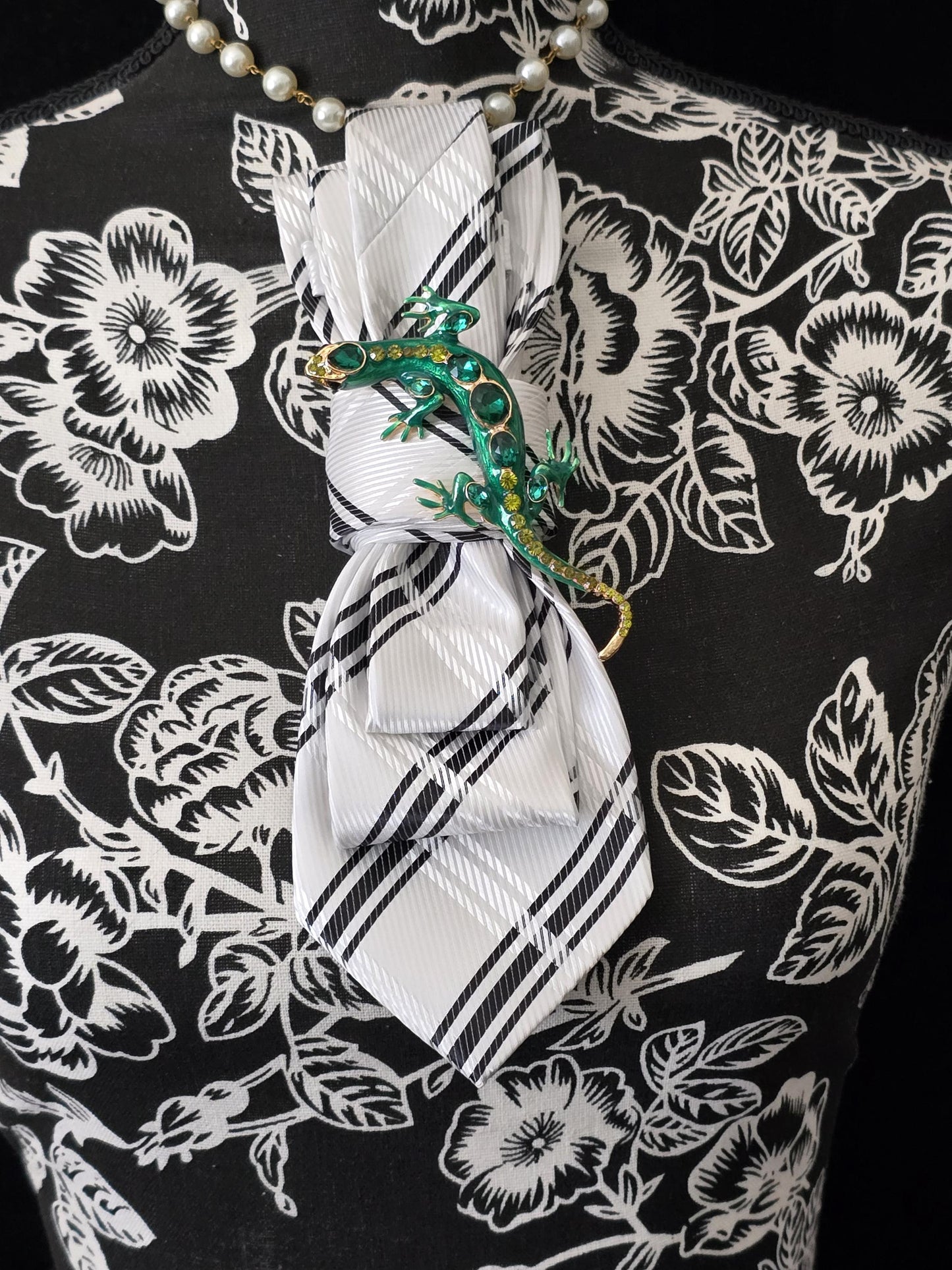 Stylish Black and White Stripe Women’s Necktie Necklace - Brooch Necklace - Handcrafted Statement Jewelry -Stylish Neckwear For Women