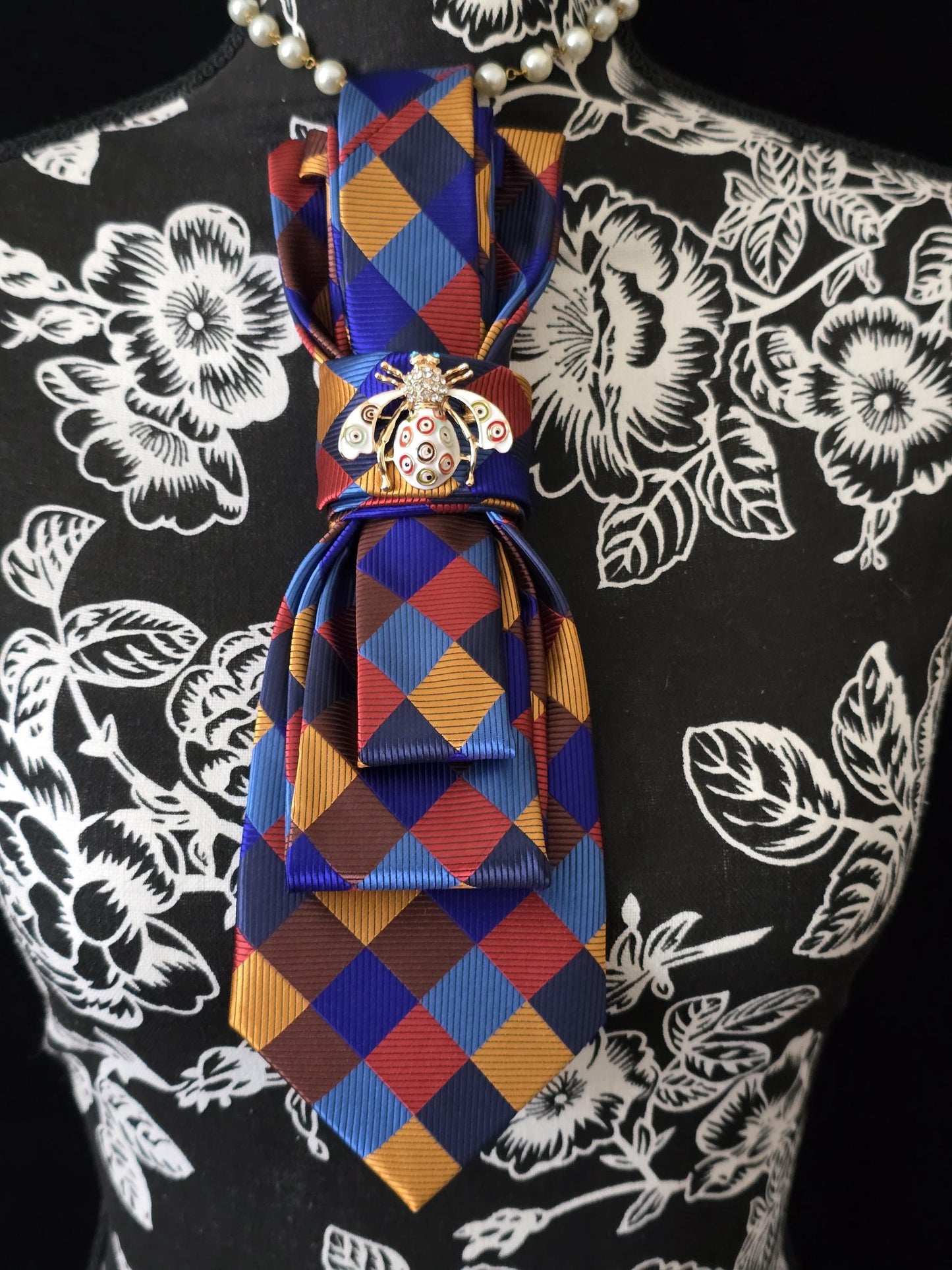 Multi Color Plaid Women's Tie-Brooch Necklace - Handcrafted Statement Jewelry - Brooch Necktie - Stylish Neckwear For Women