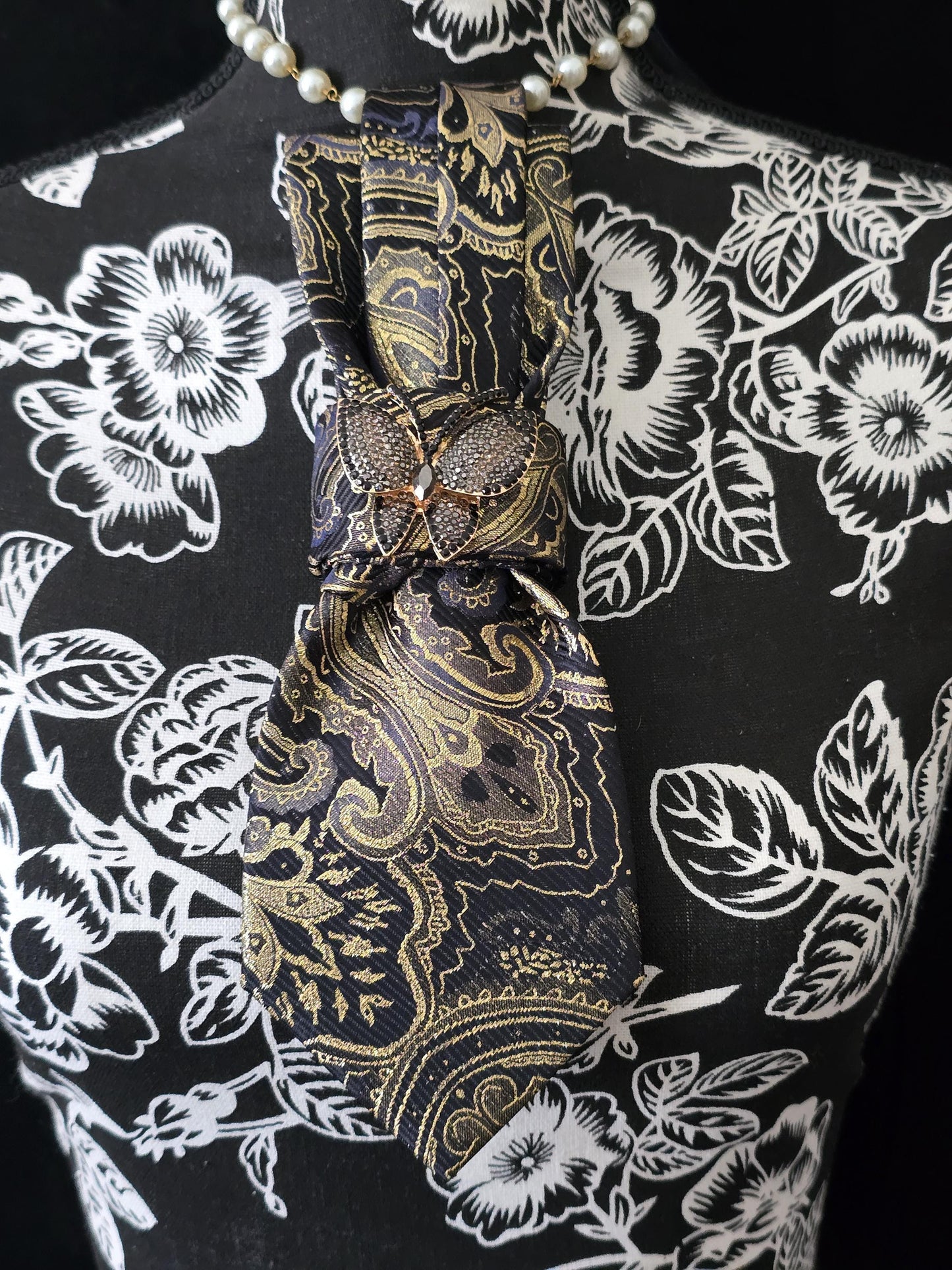 Butterfly Brooch Necklace - Black and Gold Paisley Women's Tie-Handcrafted Statement Jewelry - Brooch Necktie - Stylish Neckwear For Women