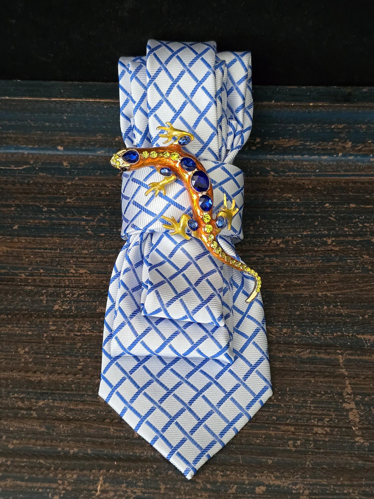 Stylish Blue and White Stripe Women’s Necktie Necklace - Brooch Necklace - Handcrafted Statement Jewelry -Stylish Neckwear For Women