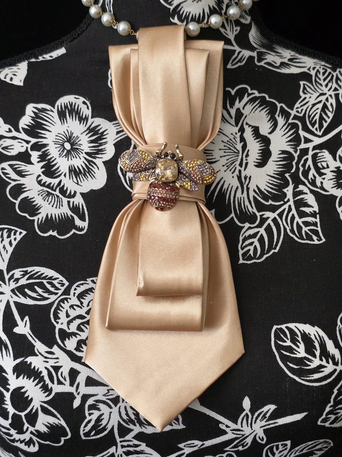Brown Satin Women's Tie- Bumble Bee Brooch Necklace - Brooch Necktie -Stylish Neckwear For Women