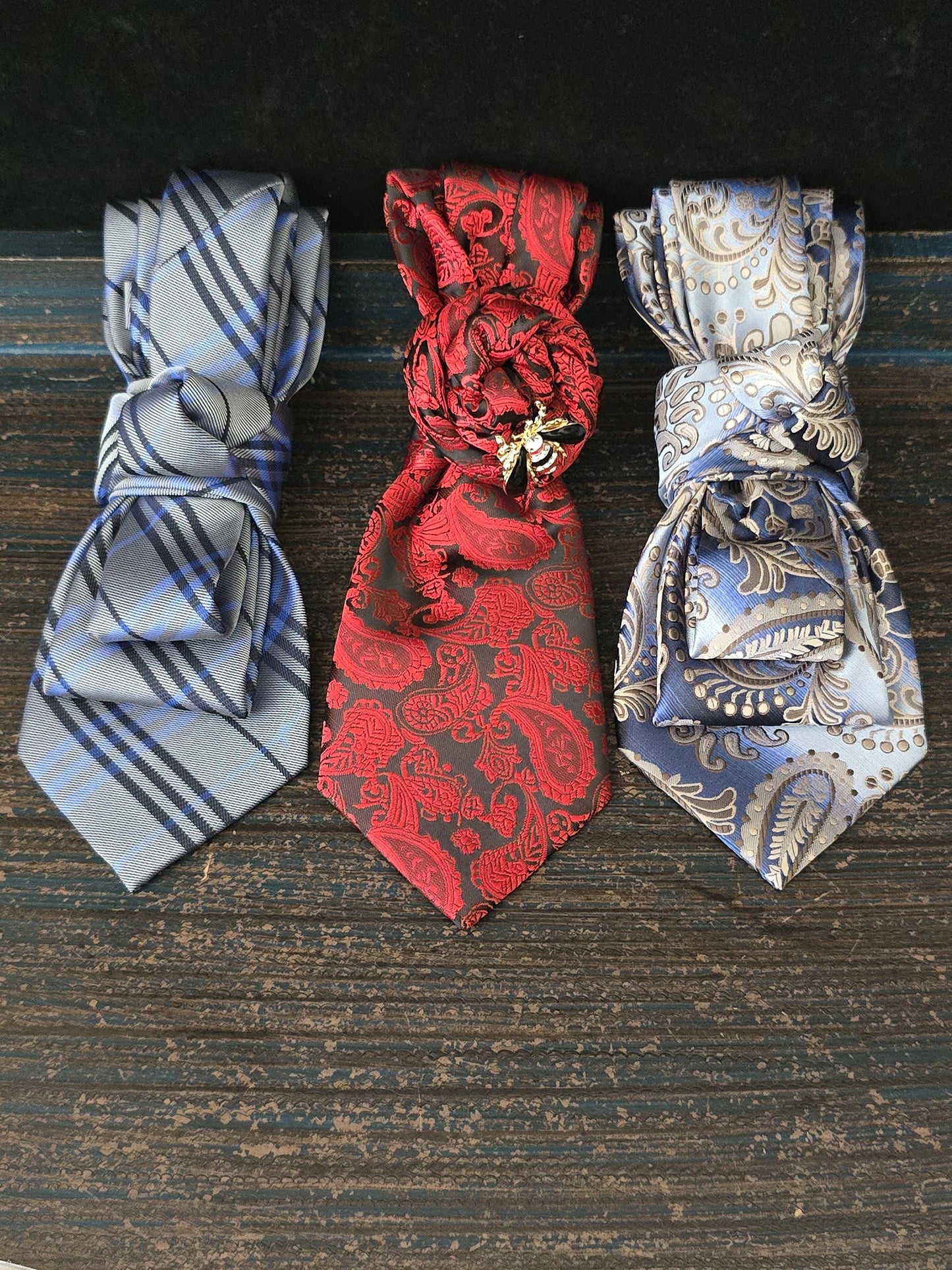 Women's Blue and Gray Paisley Necktie Necklace - Brooch Necktie For Women
