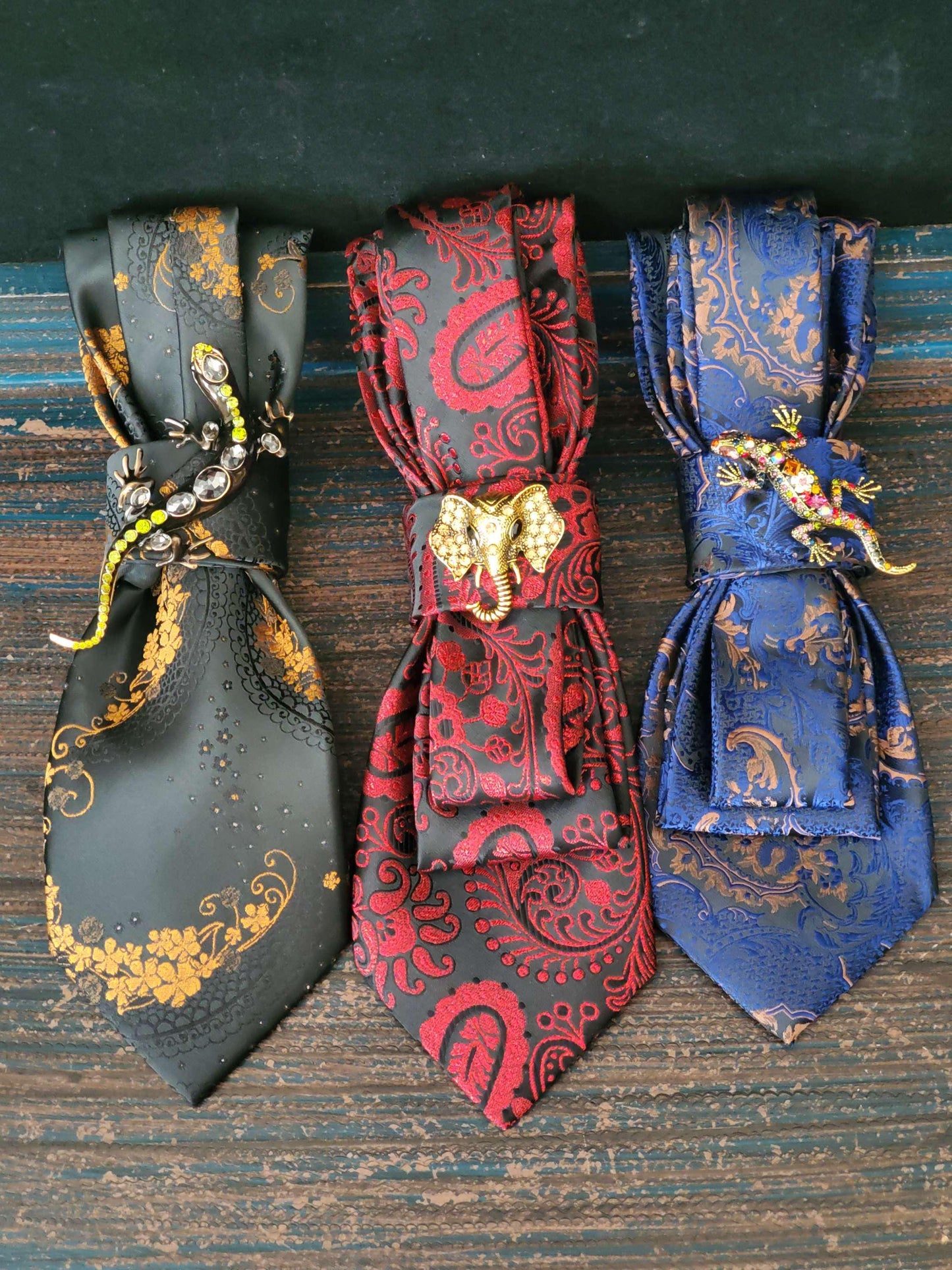 Simply Elegant Black and Gold Women's Necktie Necklace- Handcrafted Statement Jewelry - Brooch Necktie - Stylish Neckwear For Women