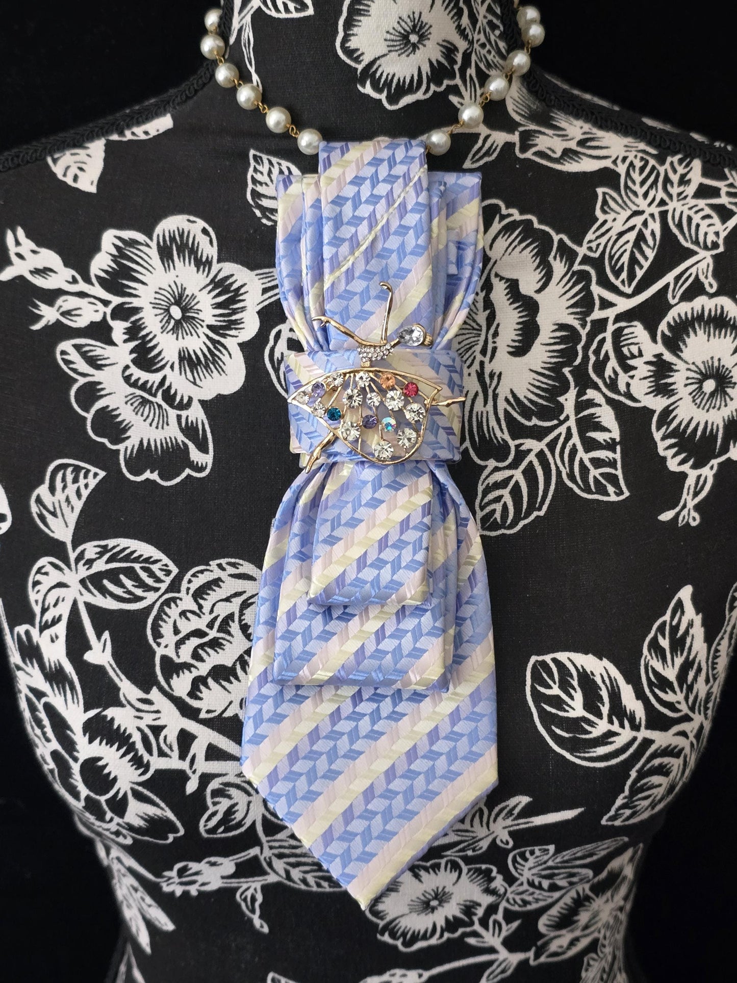 Ballerina Brooch- Baby Blue Stripe Women's Necktie Necklace - Stylish Neckwear For Women