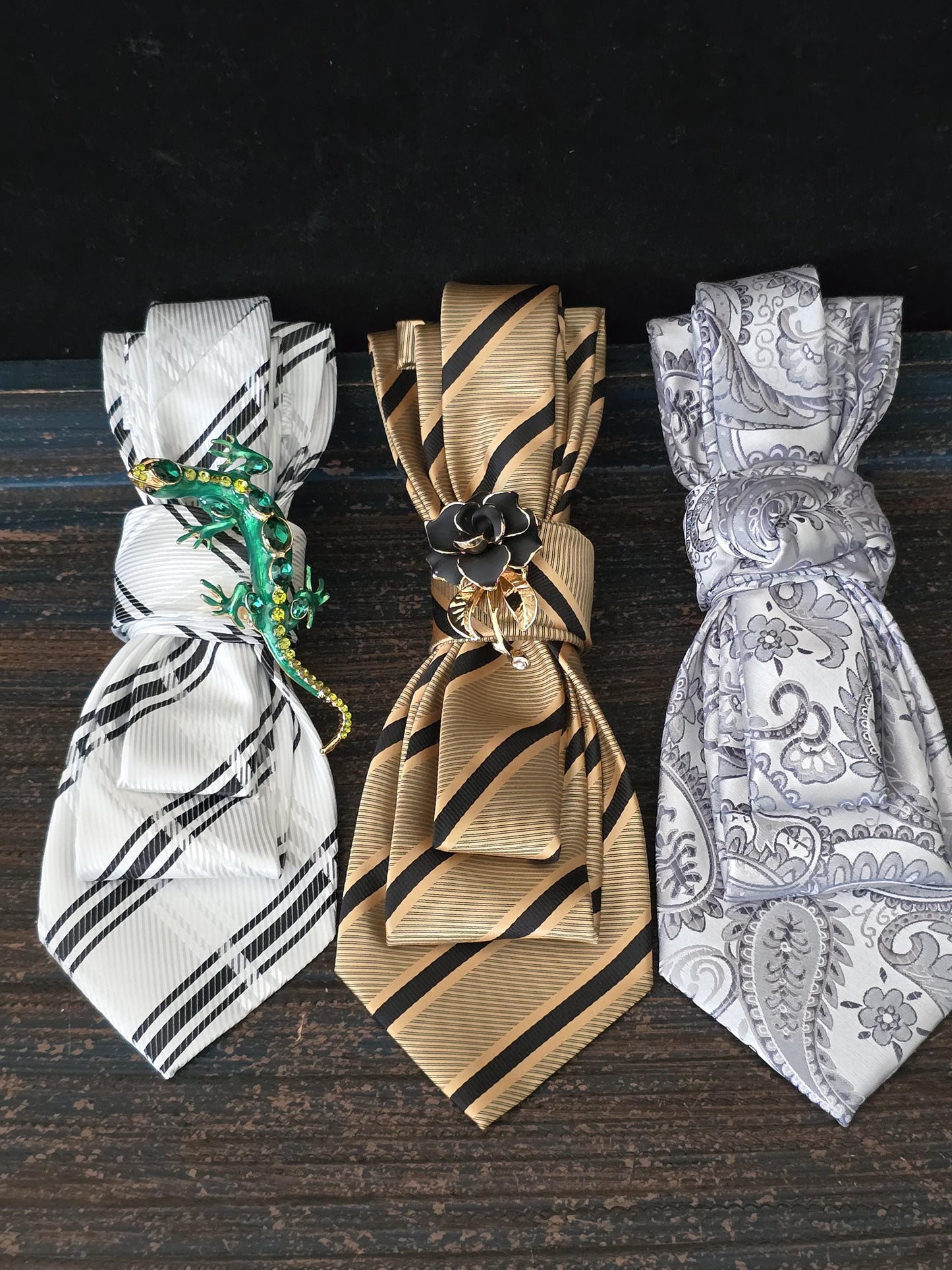 Brooch Necktie - Simply Elegant Black and Gold Stripe Women's Necktie Necklace - Elegant women's tie - Stylish Neckwear For Women