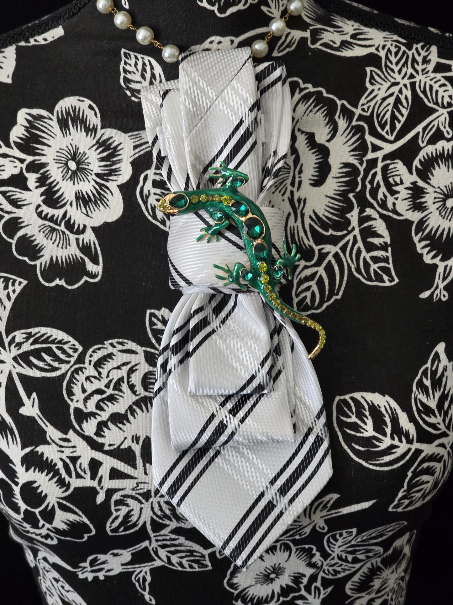 Stylish Black and White Stripe Women’s Necktie Necklace - Brooch Necklace - Handcrafted Statement Jewelry -Stylish Neckwear For Women