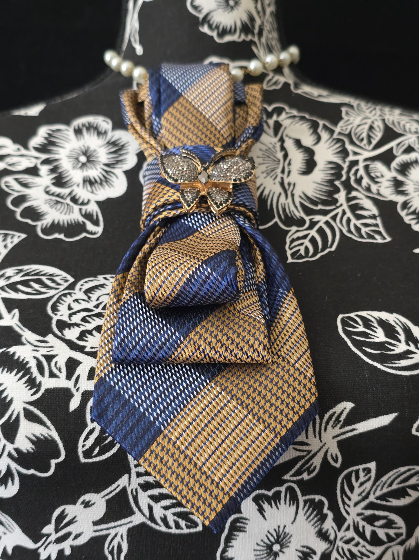 Simple Blue and Brown Plaid Women’s Necktie Necklace - Fashion Ties For Women - Brooch Necktie - Stylish Neckwear For Women