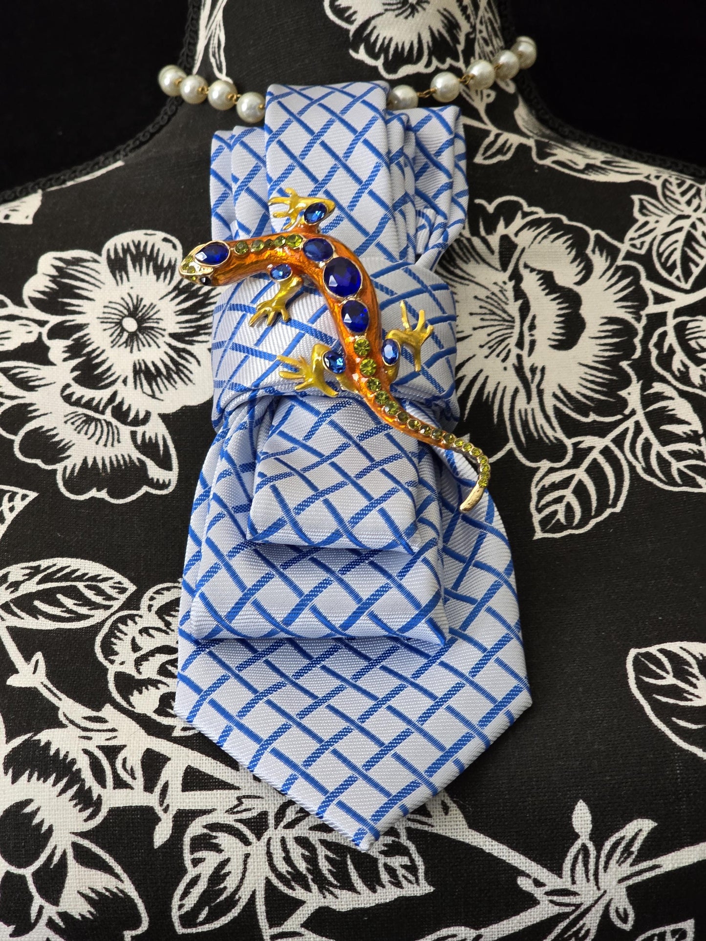 Stylish Blue and White Stripe Women’s Necktie Necklace - Brooch Necklace - Handcrafted Statement Jewelry -Stylish Neckwear For Women