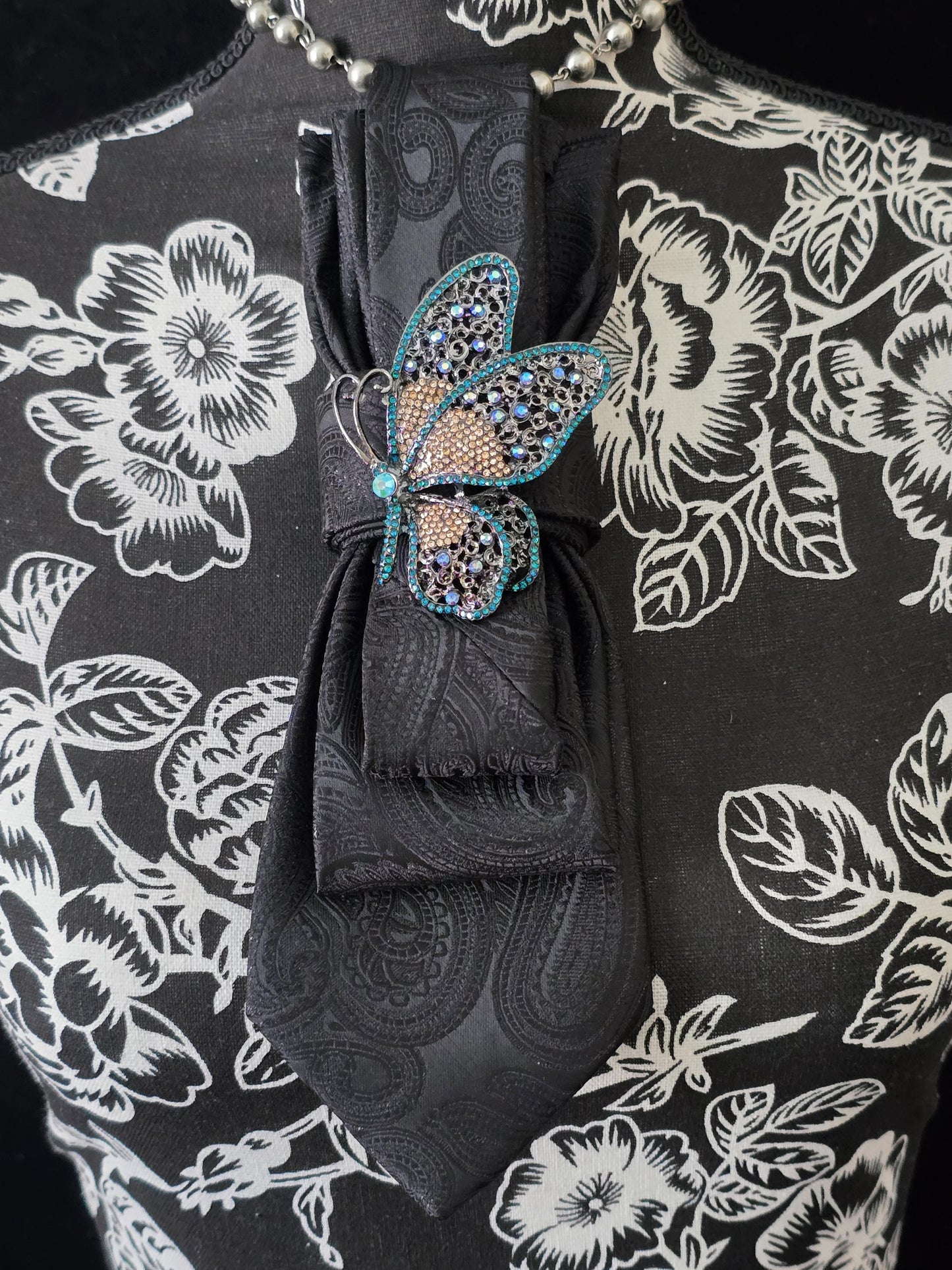 Black Paisley Women's Tie- Butterfly Brooch Necklace - Brooch Necktie - Stylish Neckwear For Women