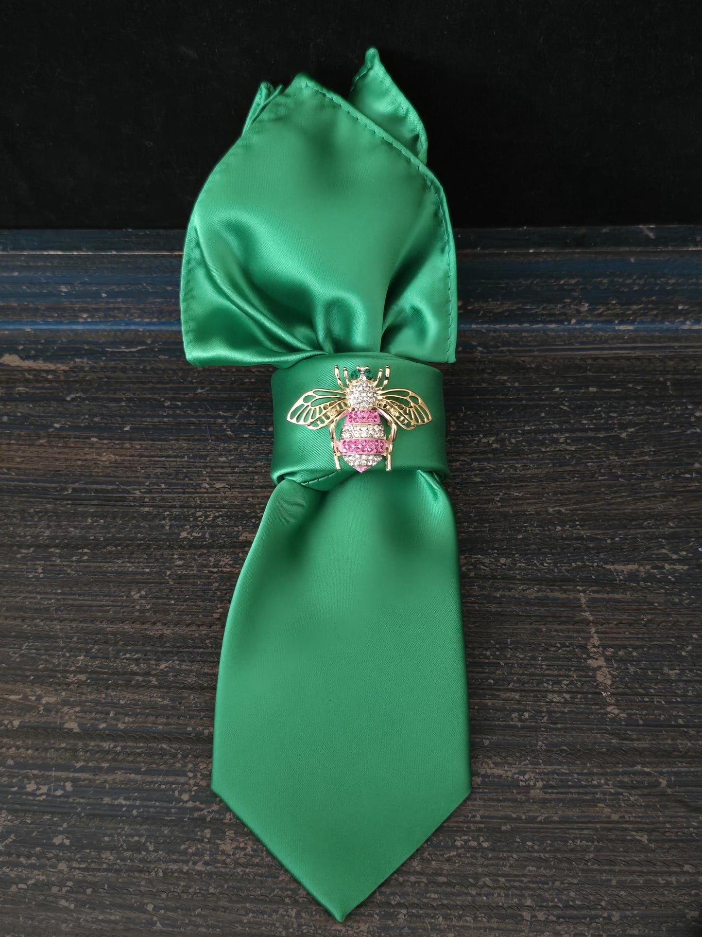 Green Silk Bumble Bee Brooch Necktie Necklace - Handcrafted Statement Jewelry - Brooch Necktie - Stylish Neckwear For Women