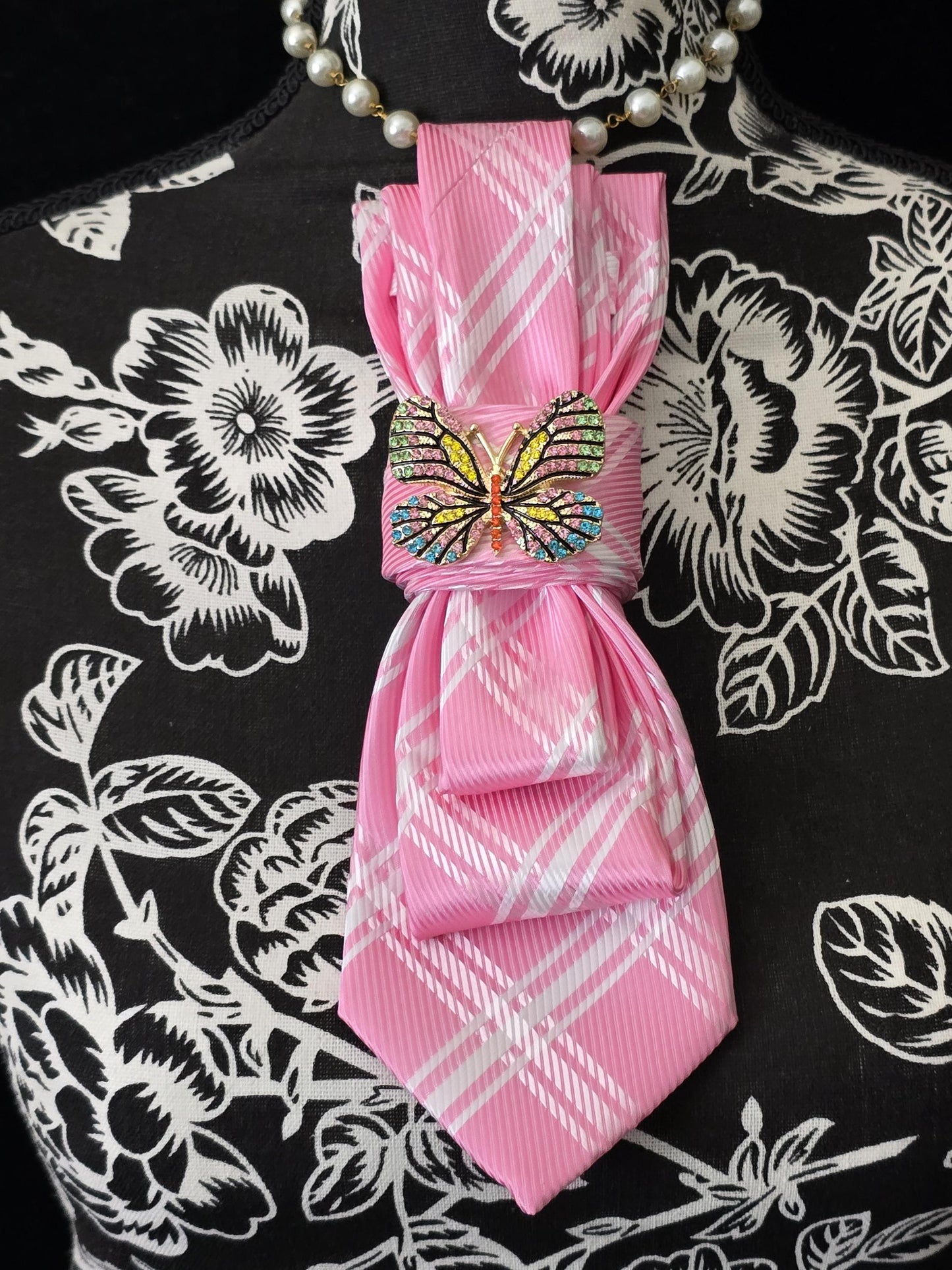 Pink and White Women's Necktie Necklace - Brooch Necktie - Stylish Neckwear For Women