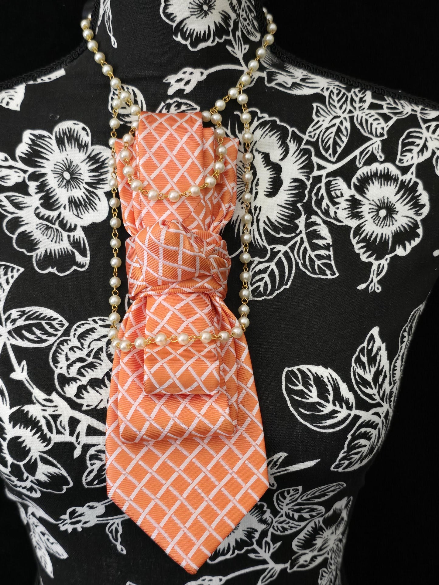 Women's Orange and White Necktie Necklace - Brooch Necktie For Women