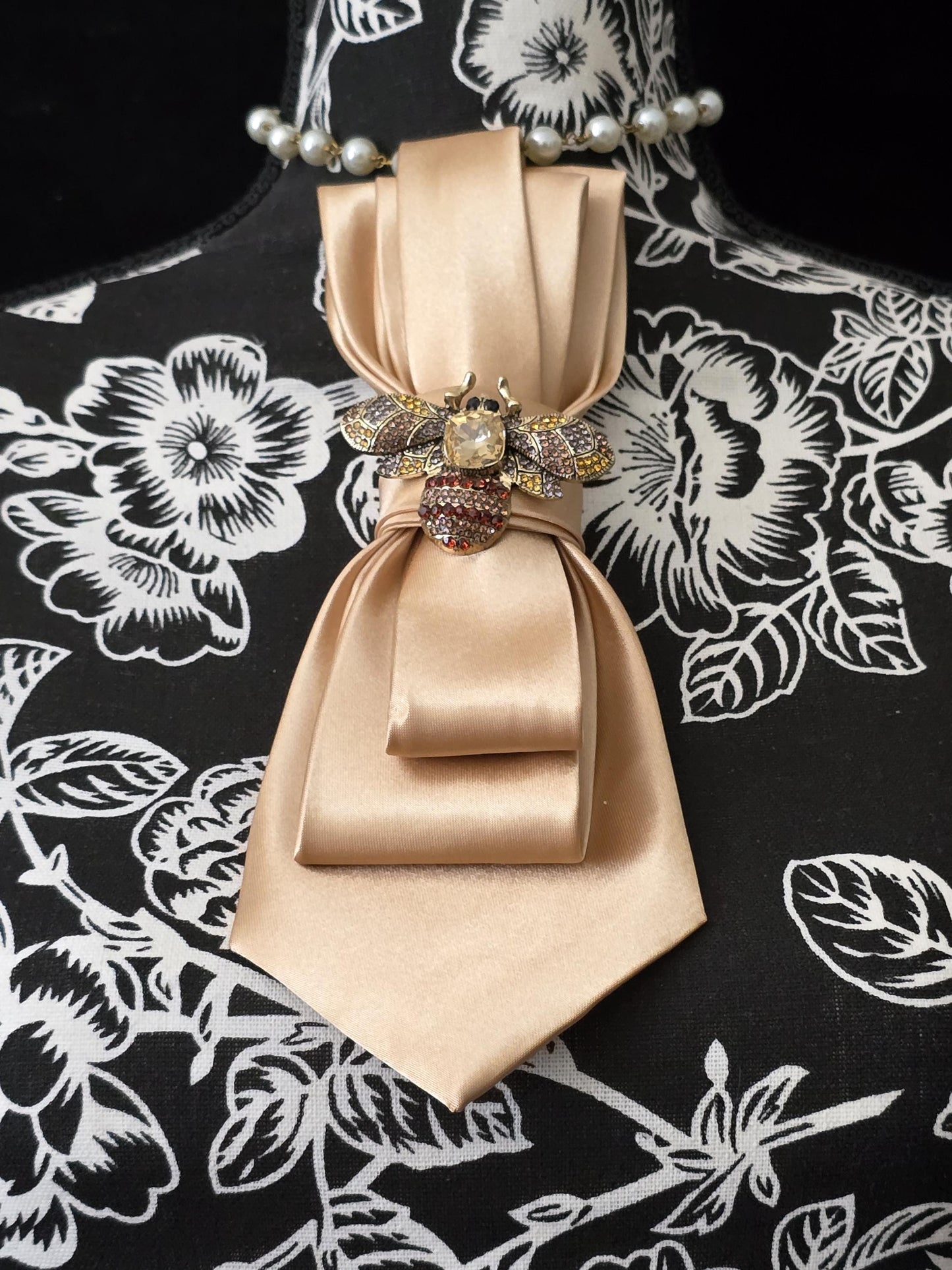 Brown Satin Women's Tie- Bumble Bee Brooch Necklace - Brooch Necktie -Stylish Neckwear For Women