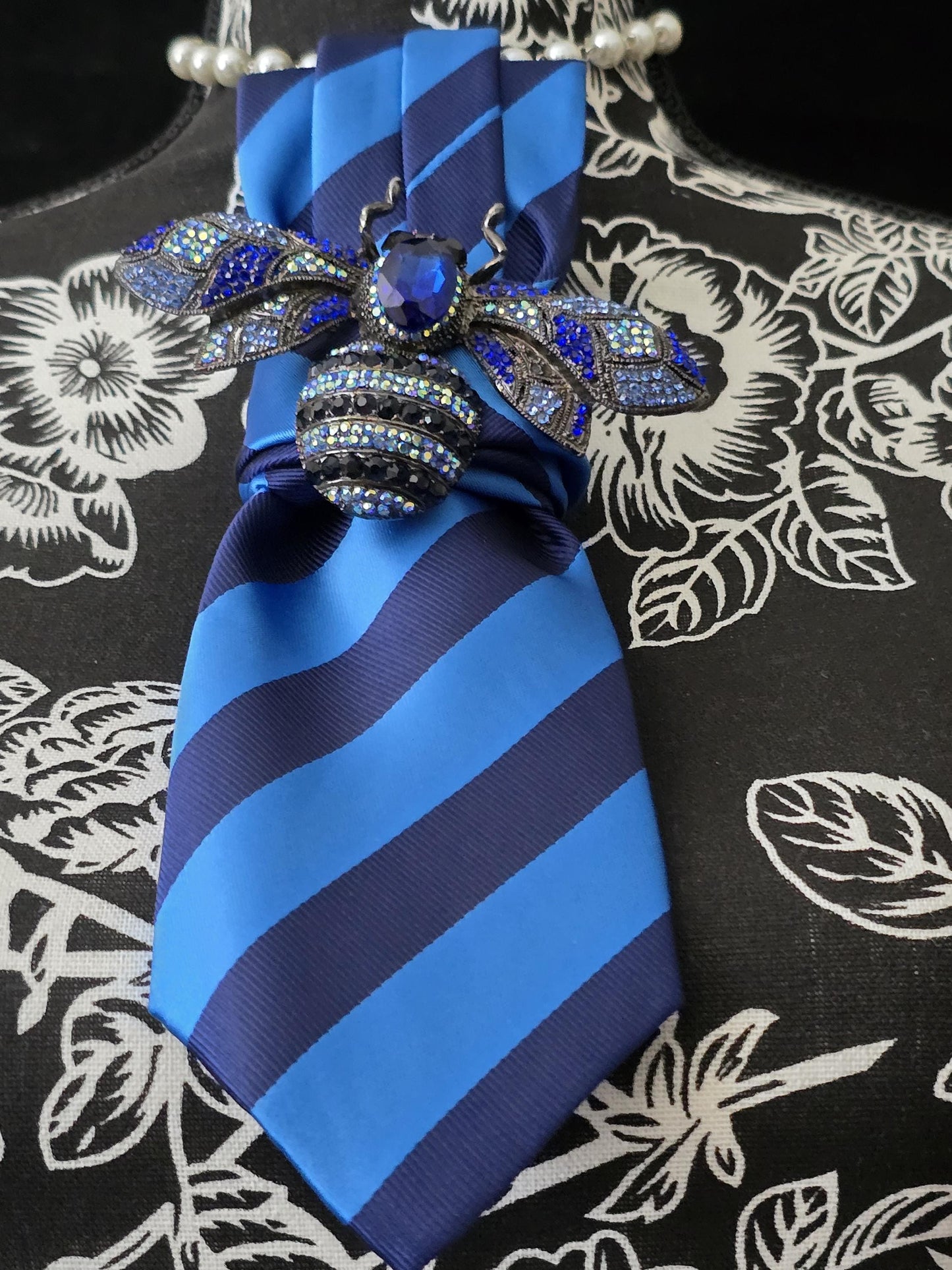 Blue Stripe Women's Necktie Necklace - Brooch Necktie - Stylish Neckwear For Women