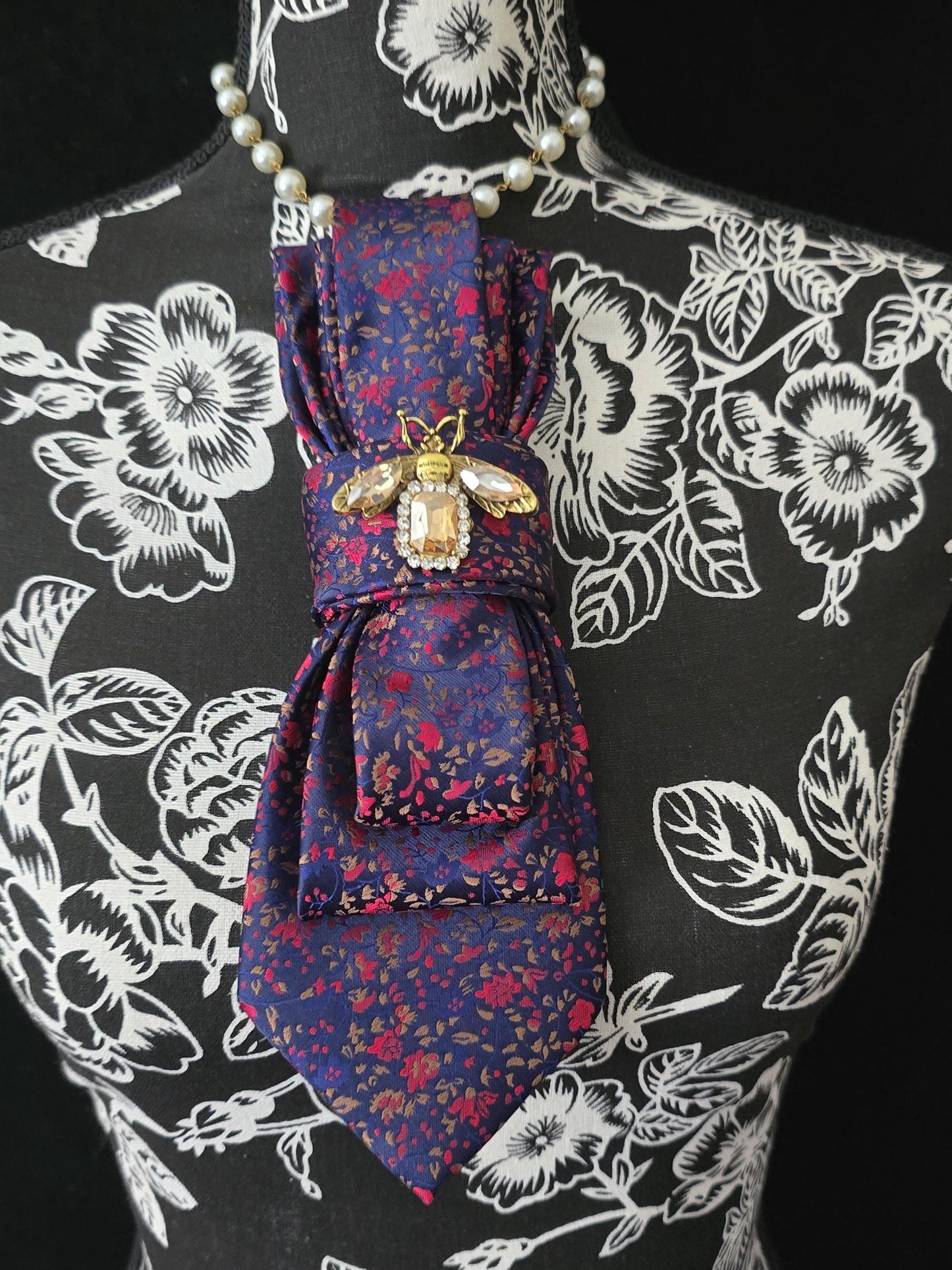 Crystal Firefly Brooch- Blue and Red Floral Women's Necktie Necklace - Brooch Necktie - Stylish Neckwear For Women