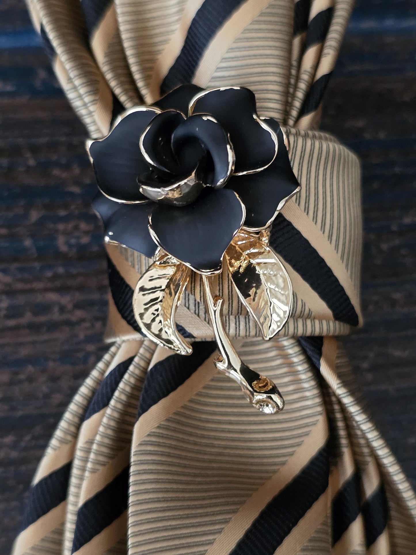 Brooch Necktie - Simply Elegant Black and Gold Stripe Women's Necktie Necklace - Elegant women's tie - Stylish Neckwear For Women