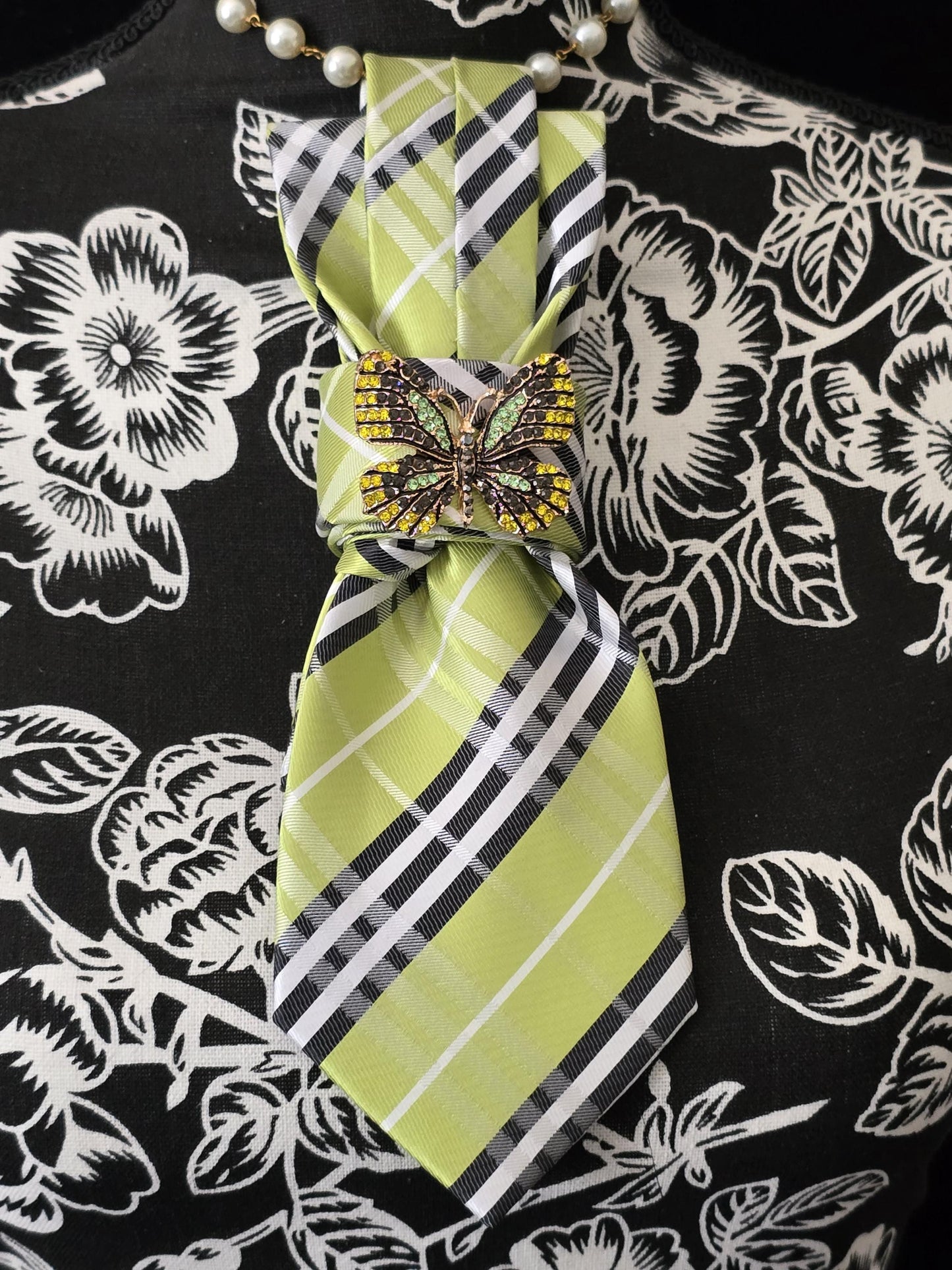 Lime and Black Plaid Women's Necktie Necklace - Handcrafted Jewelry - Brooch Necktie - Stylish Neckwear For Women