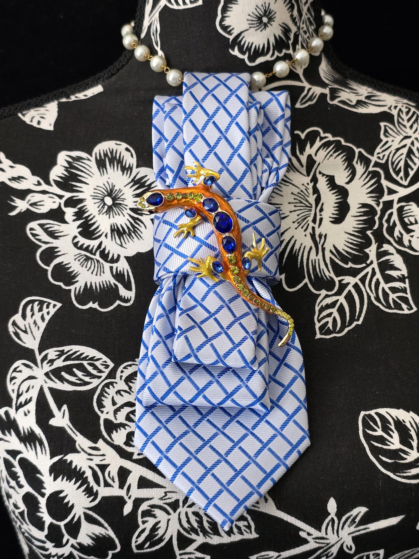 Stylish Blue and White Stripe Women’s Necktie Necklace - Brooch Necklace - Handcrafted Statement Jewelry -Stylish Neckwear For Women
