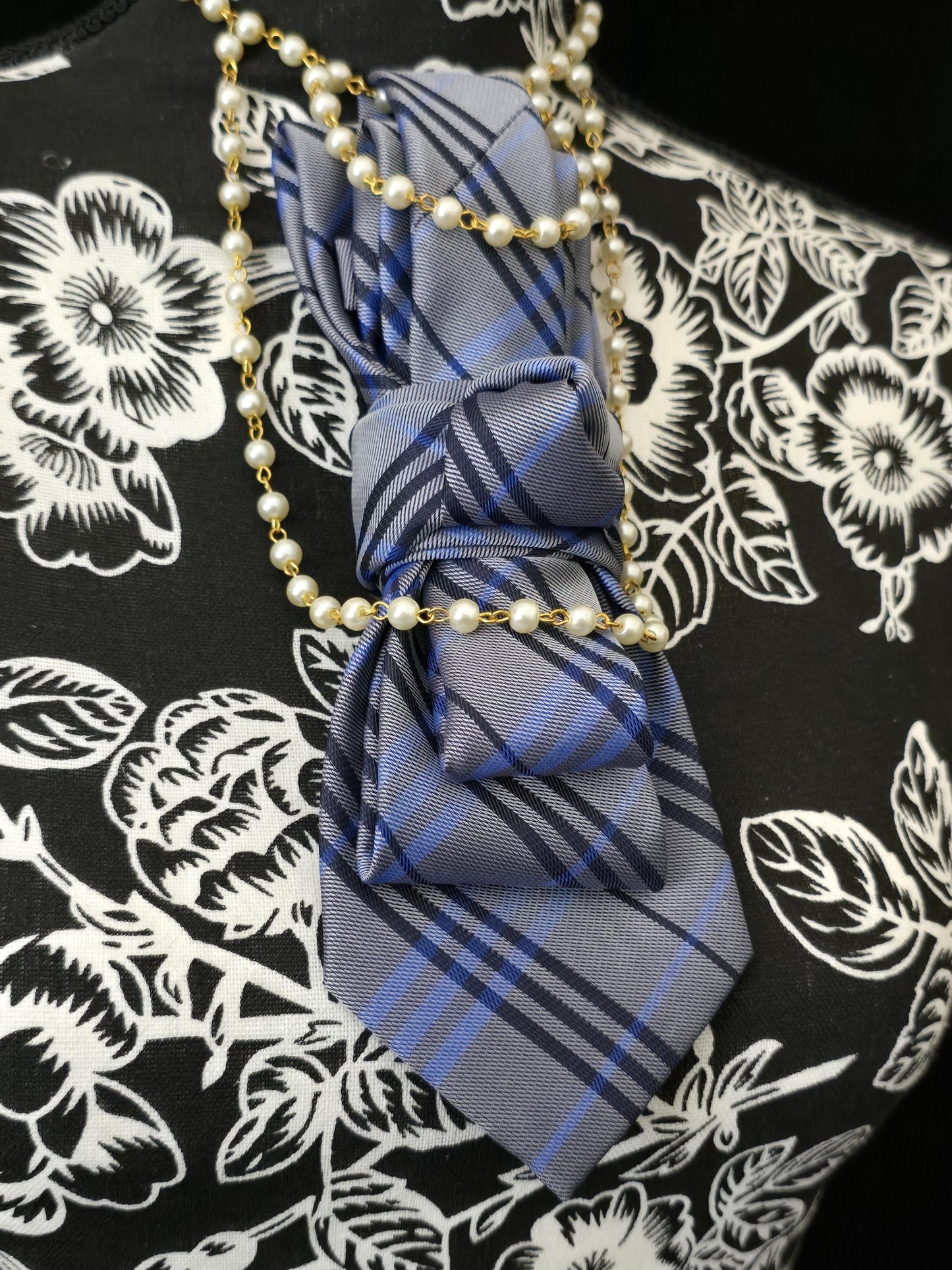 Women's Blue Plaid Necktie Necklace - Brooch Necktie For Women