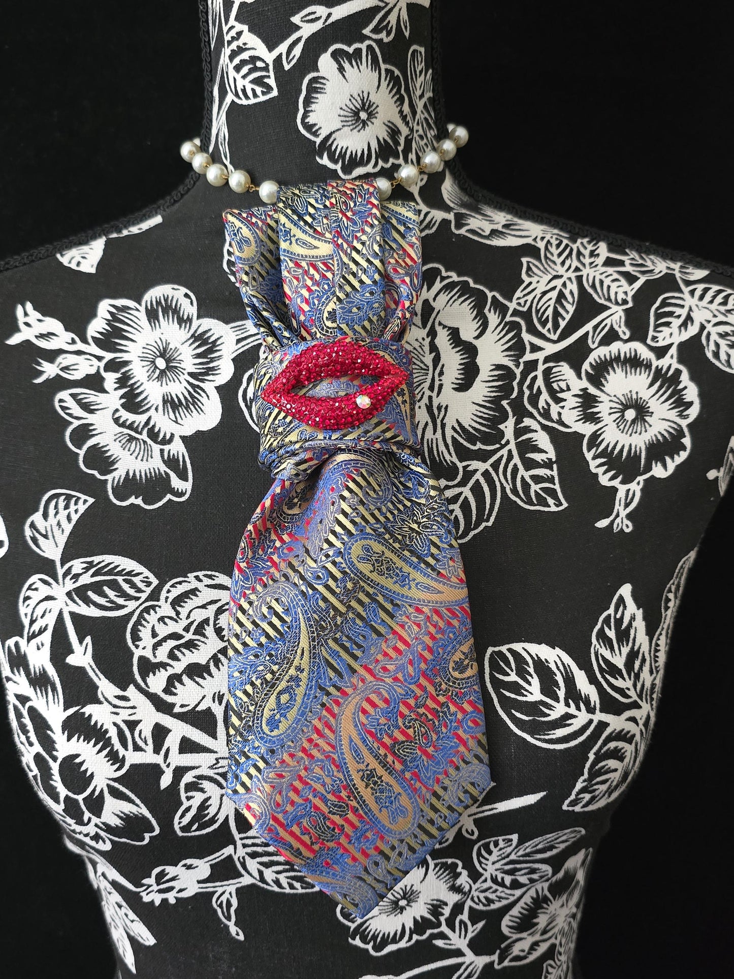 Red, Blue & Black Paisley Women's Necktie Necklace - Brooch Necktie - Stylish Neckwear For Women