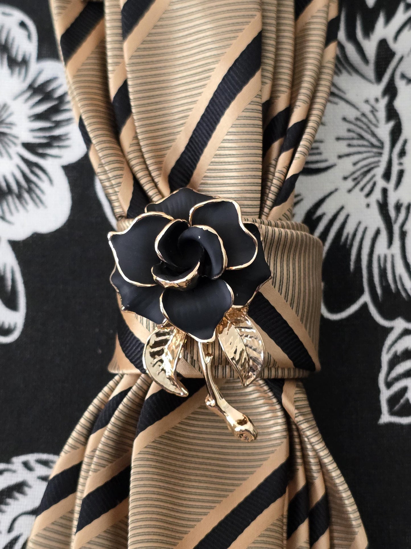 Brooch Necktie - Simply Elegant Black and Gold Stripe Women's Necktie Necklace - Elegant women's tie - Stylish Neckwear For Women