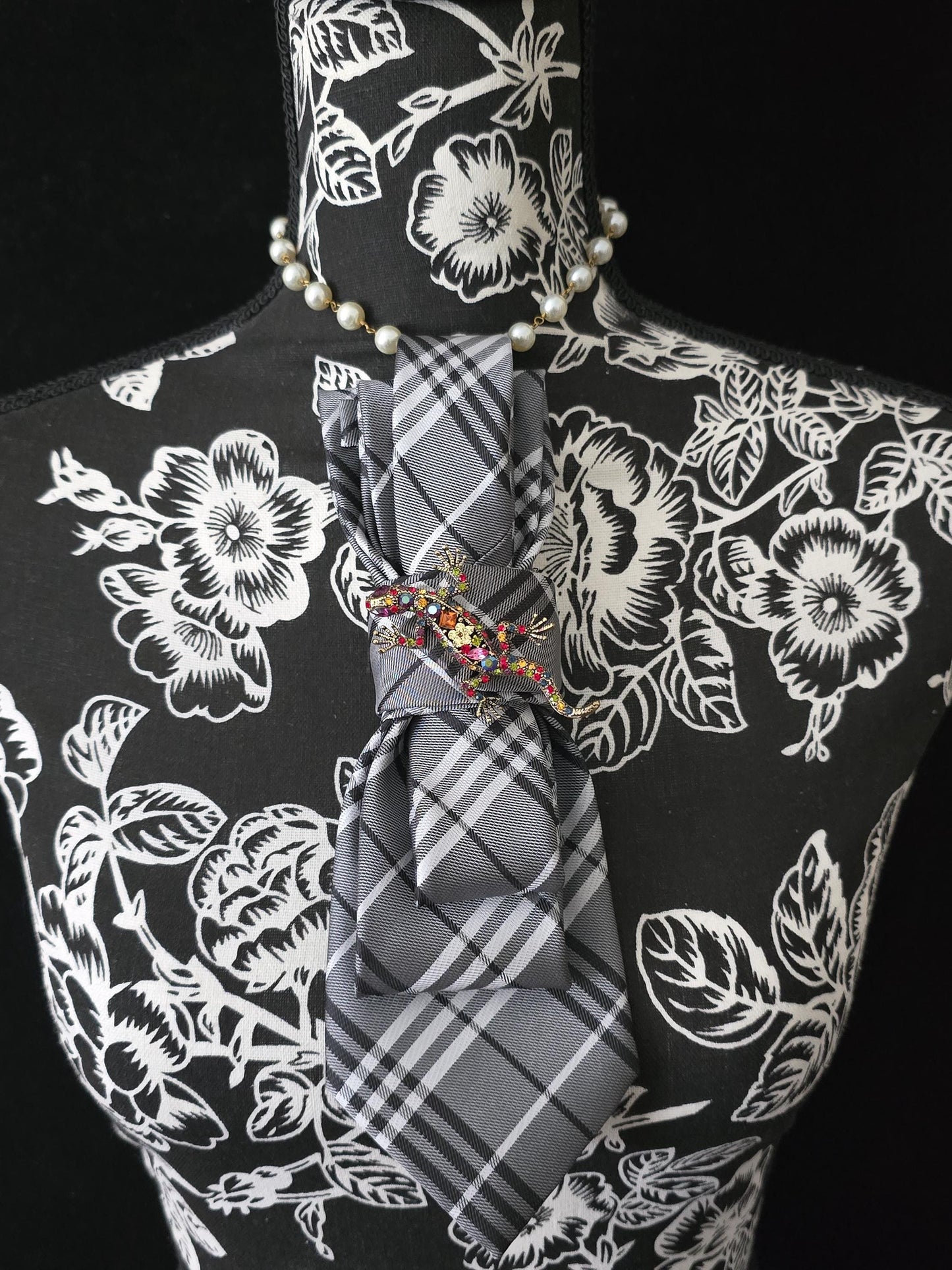 Black and White Plaid Women's Necktie Necklace - Handcrafted Jewelry - Brooch Necktie - Stylish Neckwear For Women