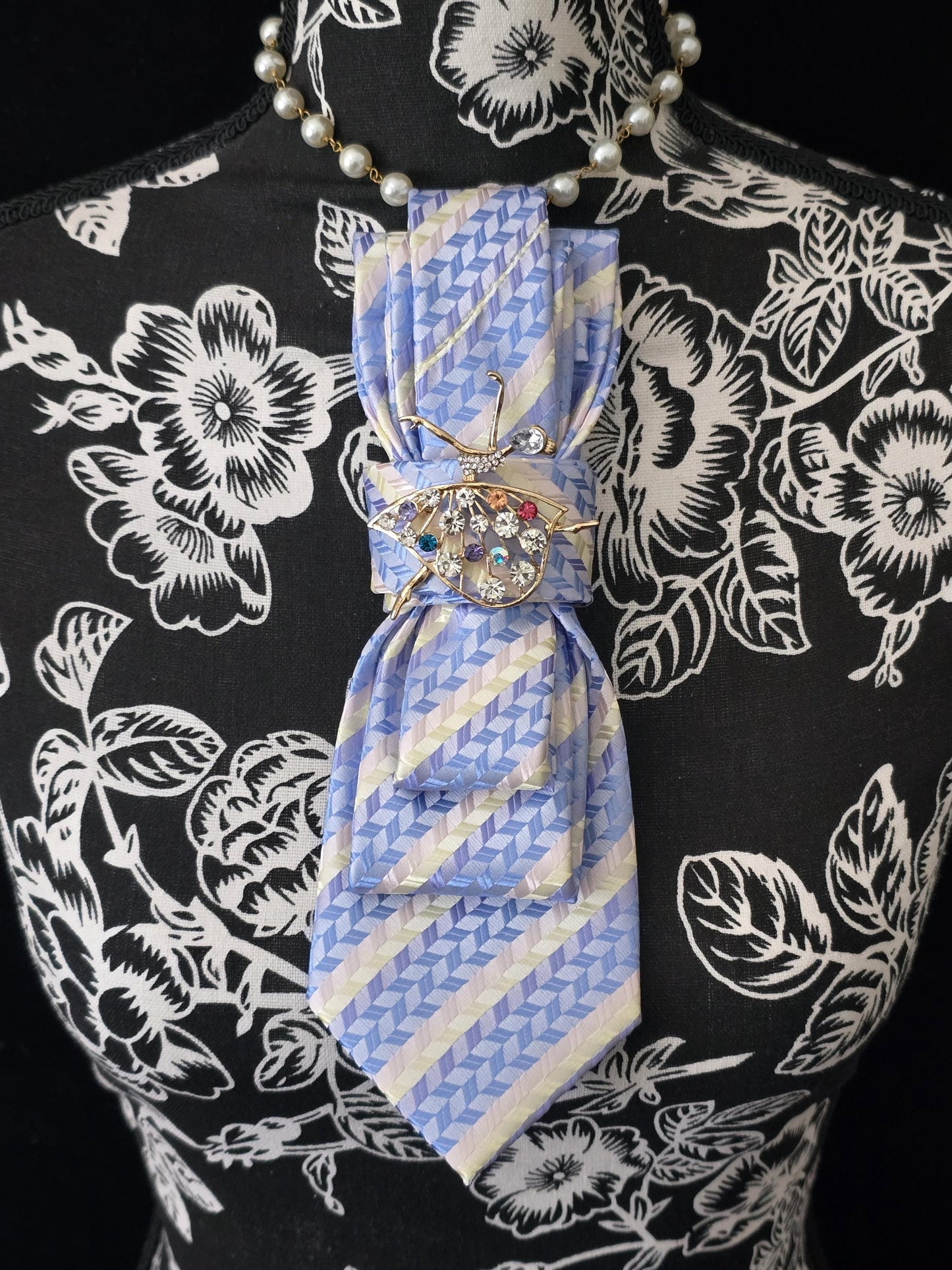 Ballerina Brooch- Baby Blue Stripe Women's Necktie Necklace - Stylish Neckwear For Women