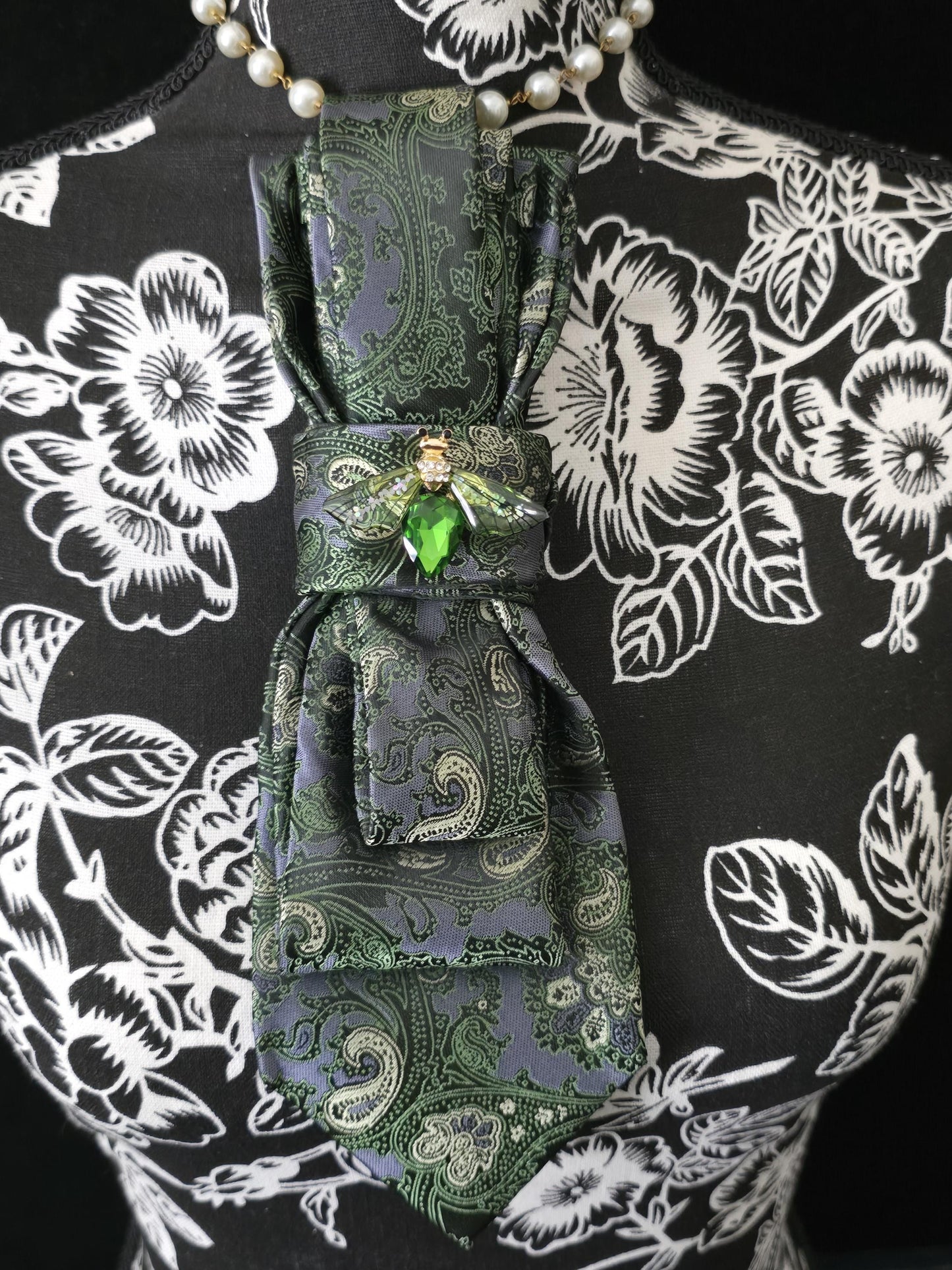 Green and Gray Paisley Women's Tie- Firefly Brooch Necklace - Handcrafted Statement Jewelry - Brooch Necktie -Stylish Neckwear For Women