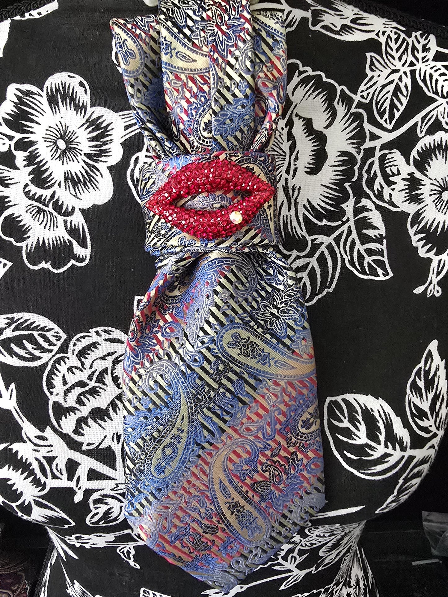 Red, Blue & Black Paisley Women's Necktie Necklace - Brooch Necktie - Stylish Neckwear For Women