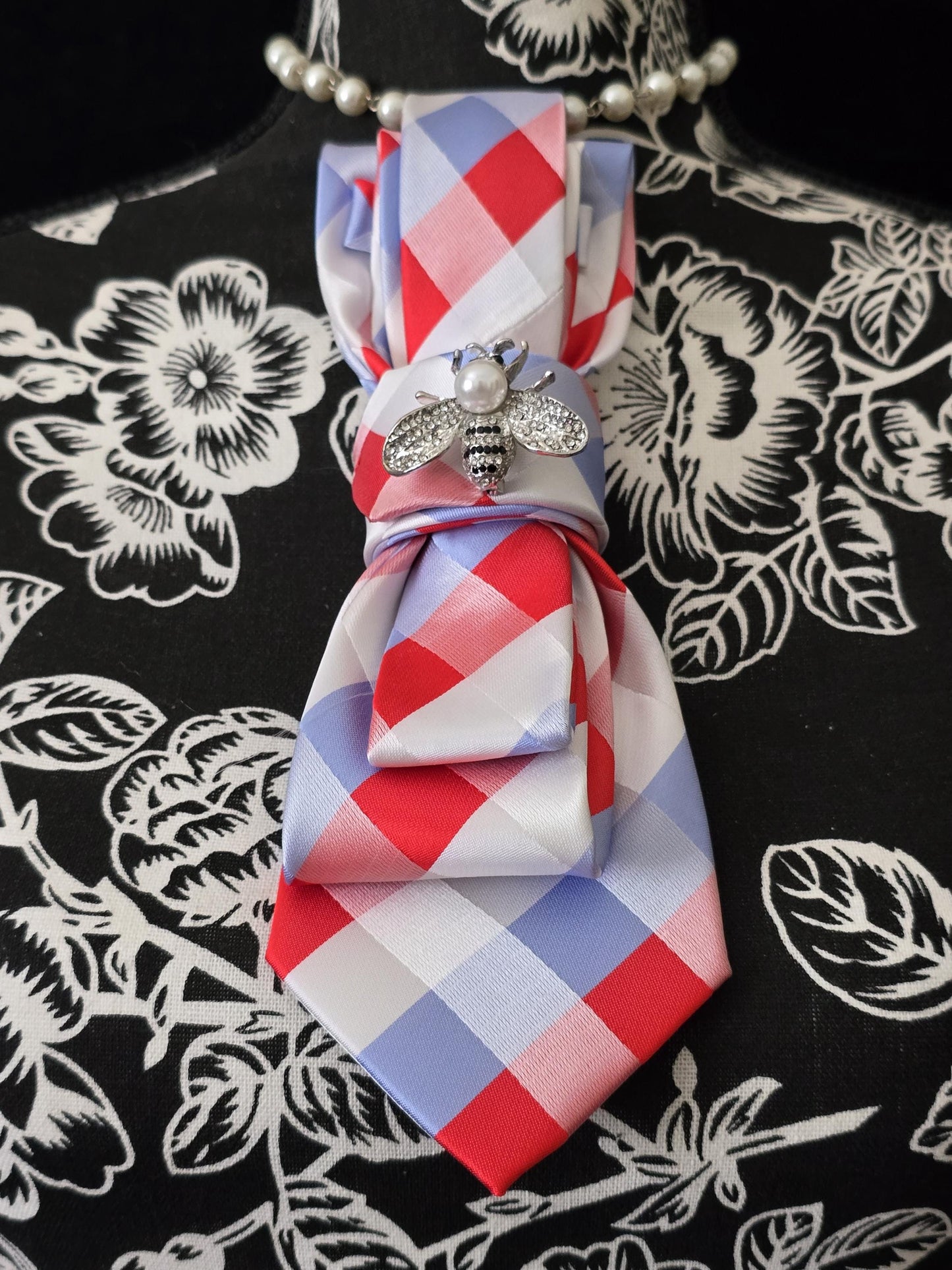 Red, White and Blue Plaid Women's Tie-Brooch Necklace - Handcrafted Statement Jewelry - Brooch Necktie -Stylish Neckwear For Women