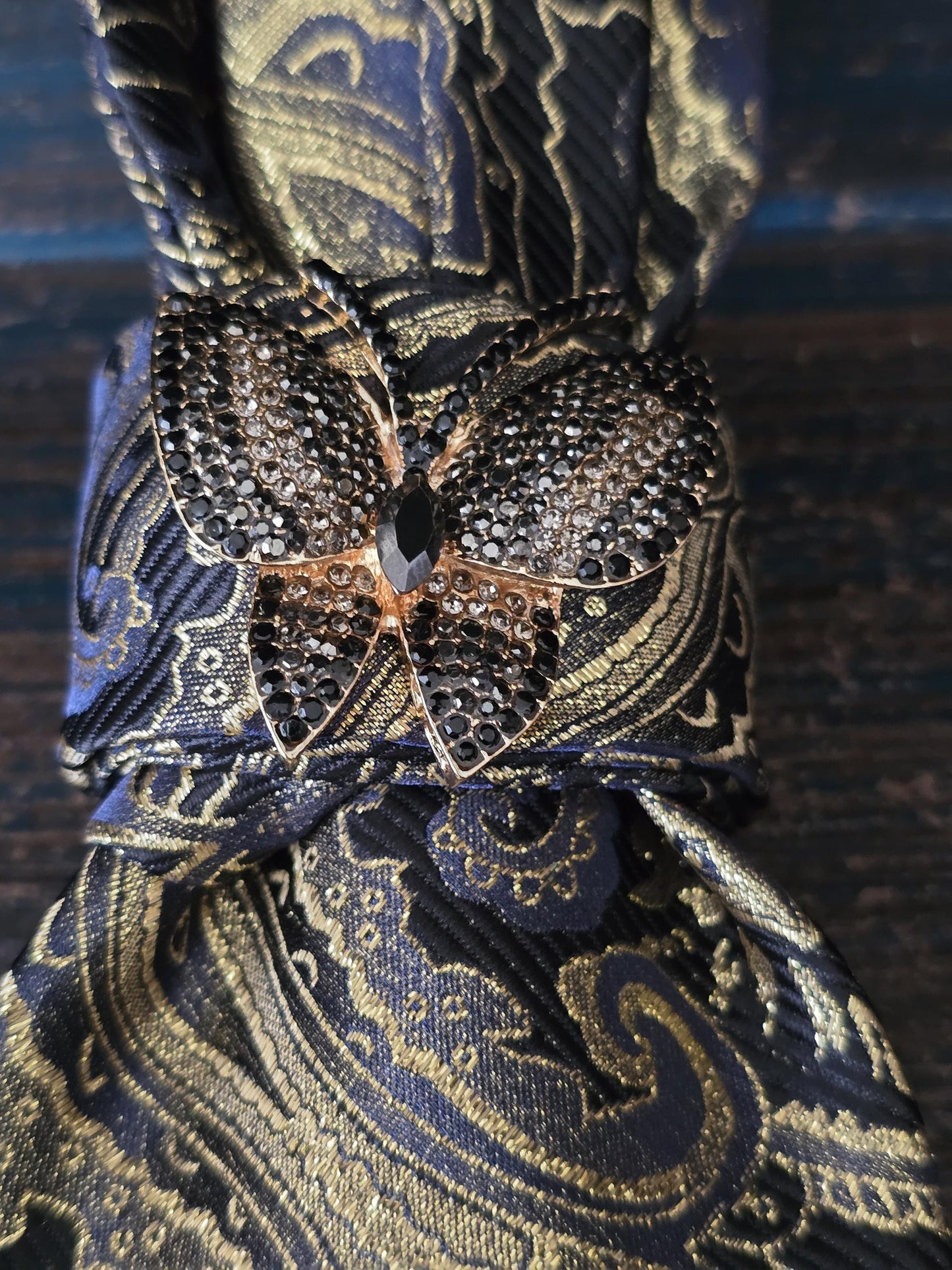 Butterfly Brooch Necklace - Black and Gold Paisley Women's Tie-Handcrafted Statement Jewelry - Brooch Necktie - Stylish Neckwear For Women