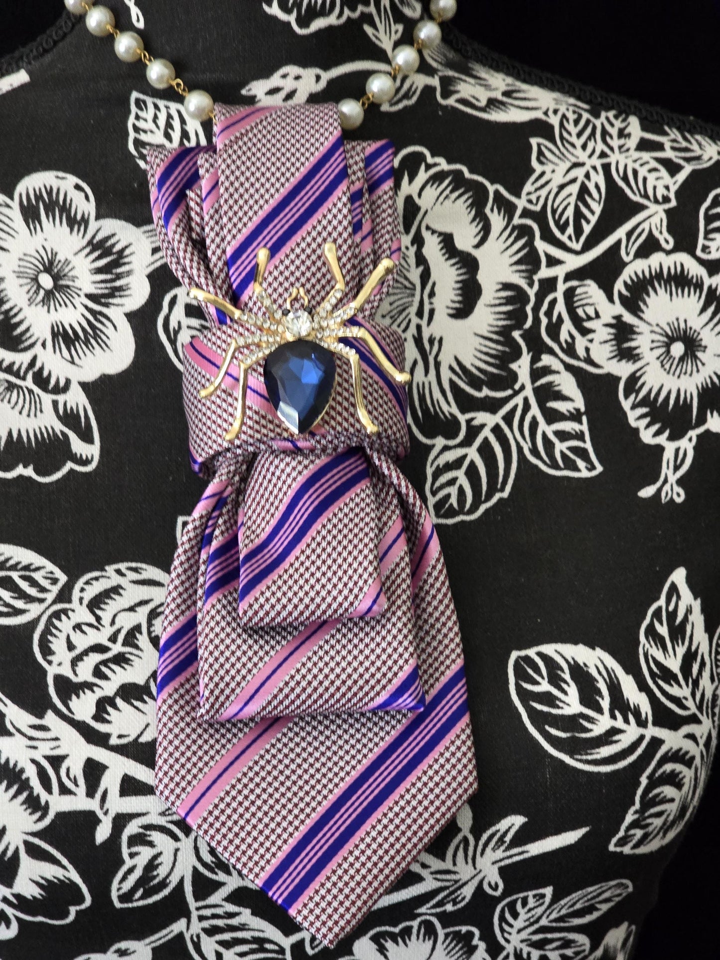 Stylish Pink and Blue Stripe Women's Necktie Necklace - Spider Brooch Necklace - Brooch Necktie - Stylish Neckwear For Women