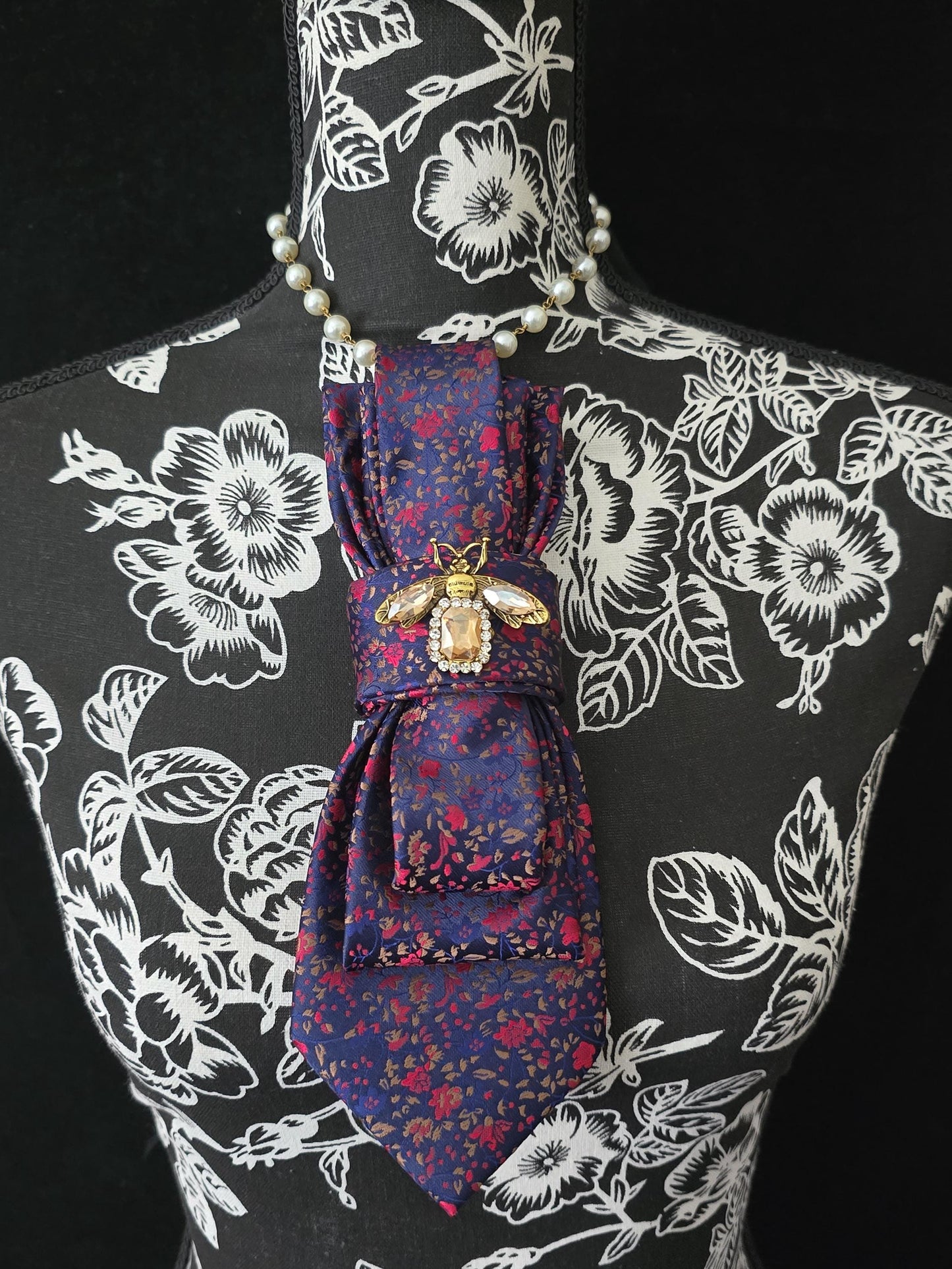 Crystal Firefly Brooch- Blue and Red Floral Women's Necktie Necklace - Brooch Necktie - Stylish Neckwear For Women