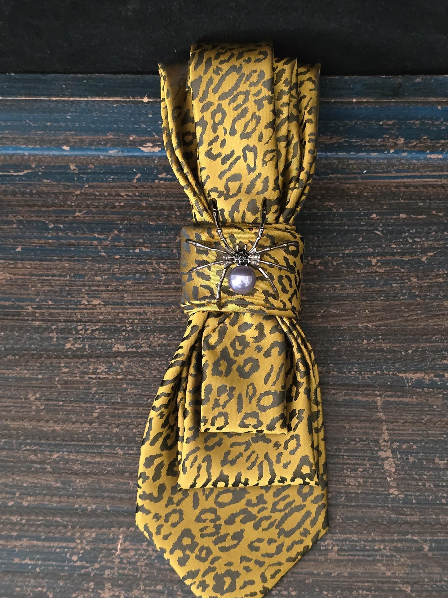 Black and Gold Leopard Print Women's Tie- Brooch Necklace - Handcrafted Statement Jewelry - Brooch Necktie - Stylish Neckwear For Women