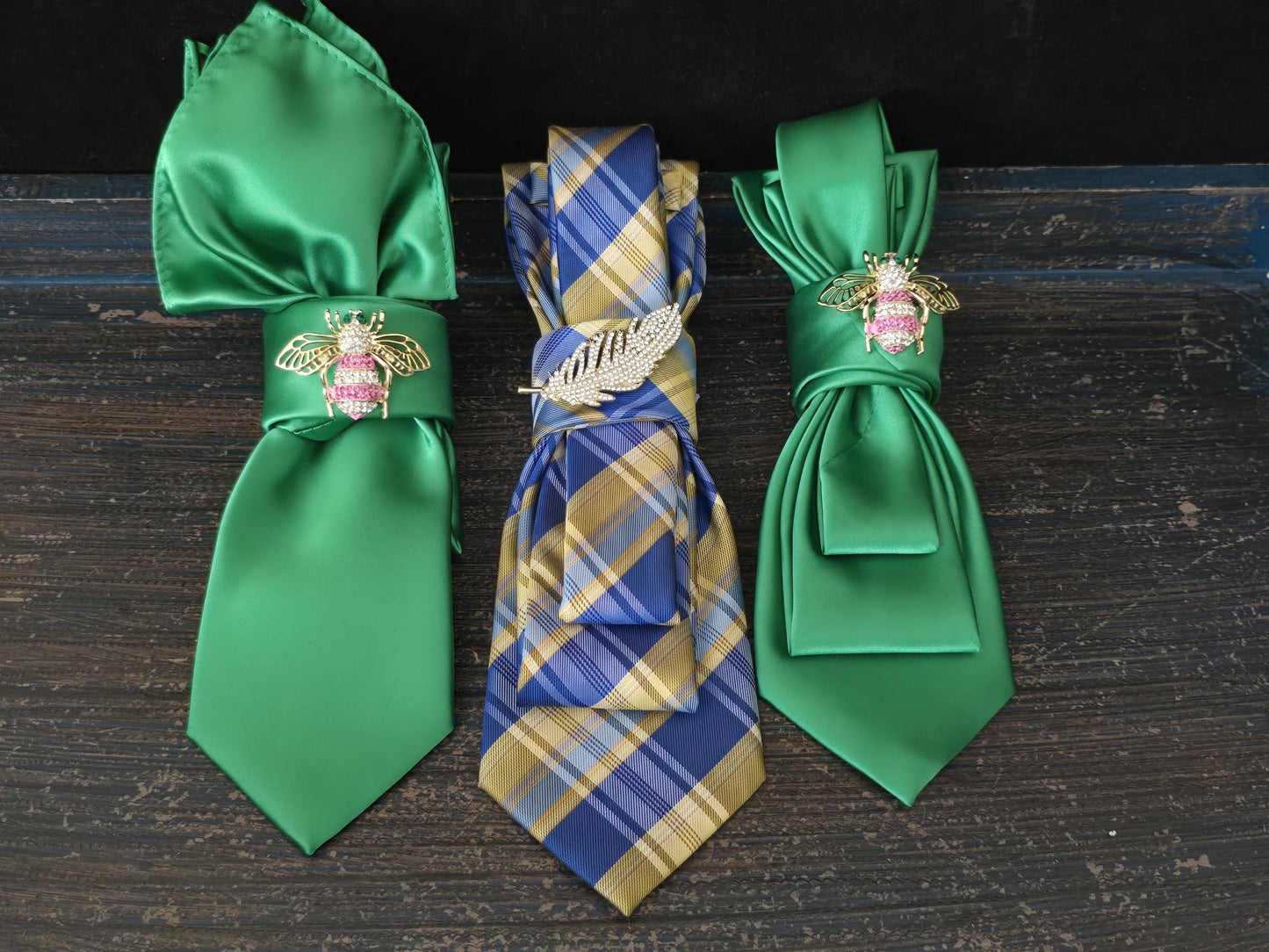 Green Silk Bumble Bee Brooch Necktie Necklace - Handcrafted Statement Jewelry - Brooch Necktie - Stylish Neckwear For Women