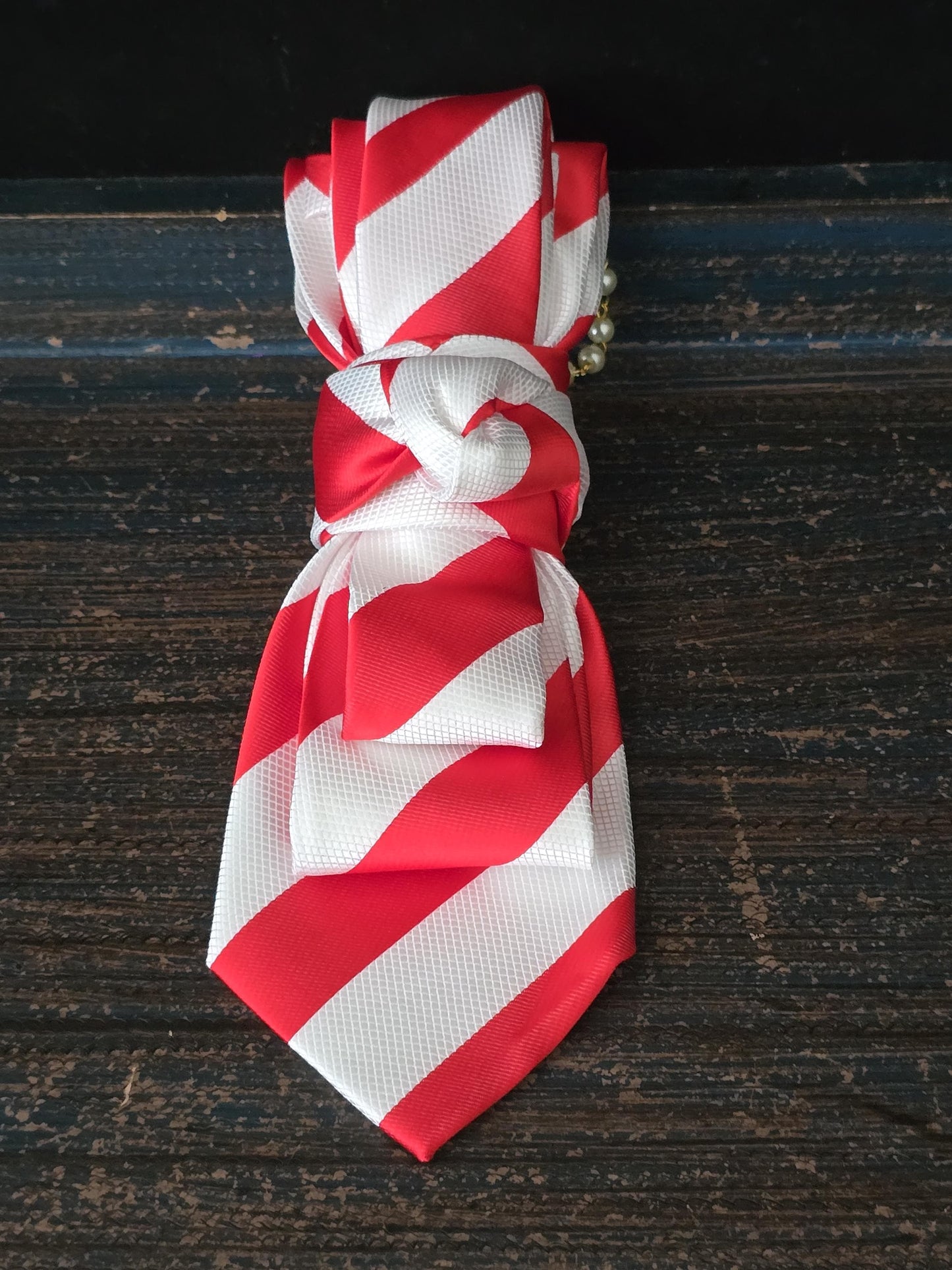 Women's Red and White Striped Necktie Necklace - Handcrafted Statement Jewelry - Brooch Necktie For Women