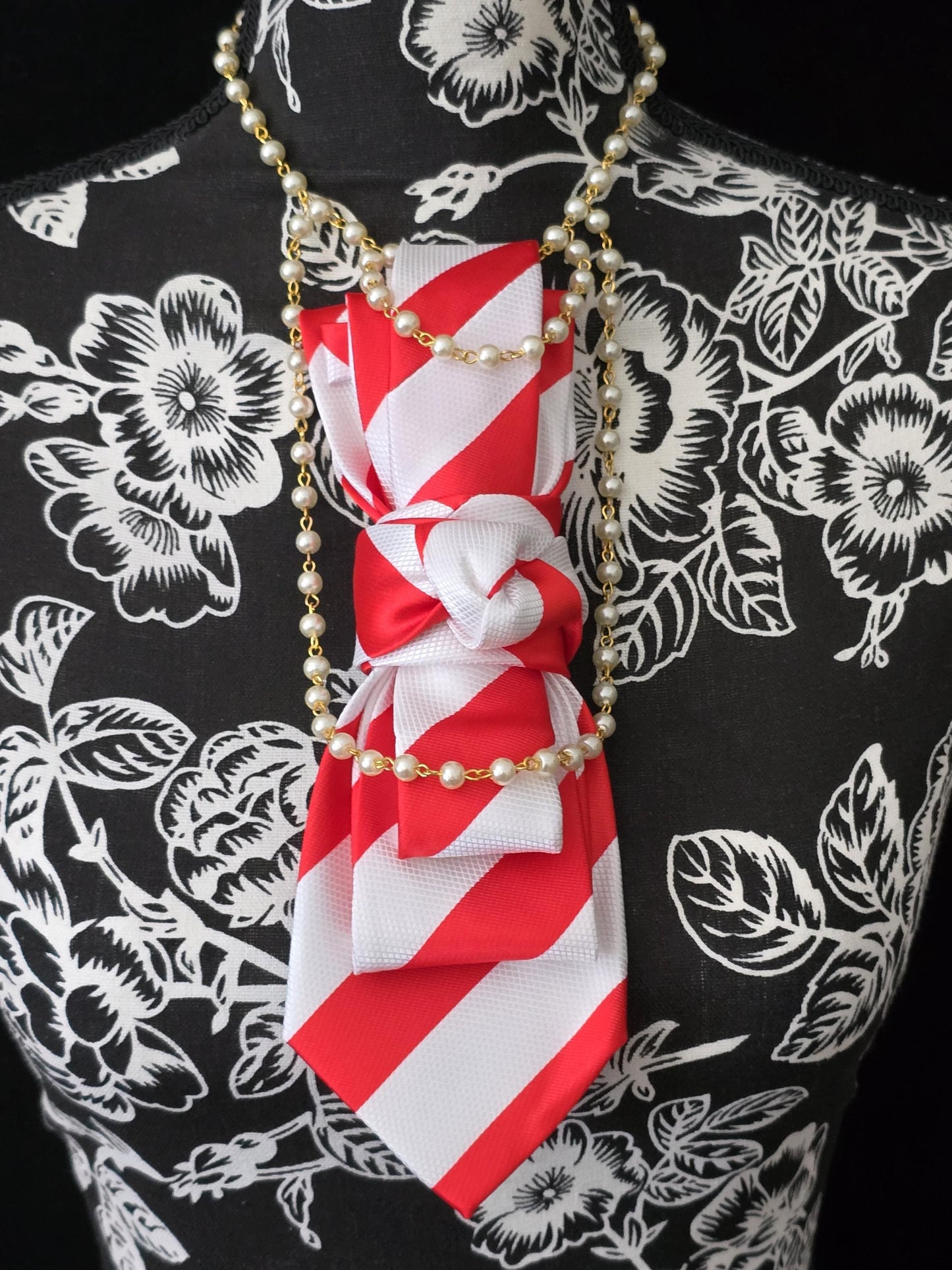 Women's Red and White Striped Necktie Necklace - Handcrafted Statement Jewelry - Brooch Necktie For Women