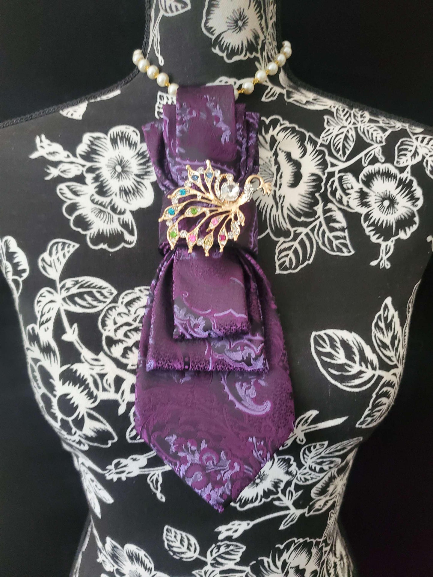 Handcrafted Purple Paisley Necktie Necklace: Rhinestone Peacock Brooch